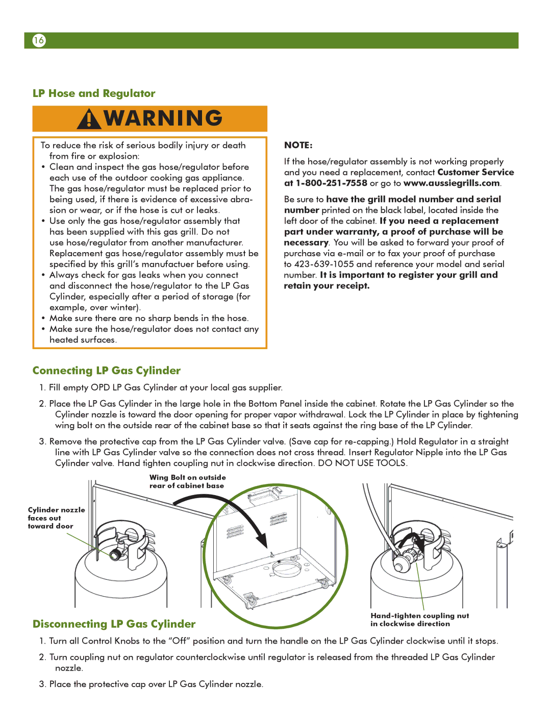 Aussie 6804T80SS1 manual LP Hose and Regulator, Connecting LP Gas Cylinder, Disconnecting LP Gas Cylinder 