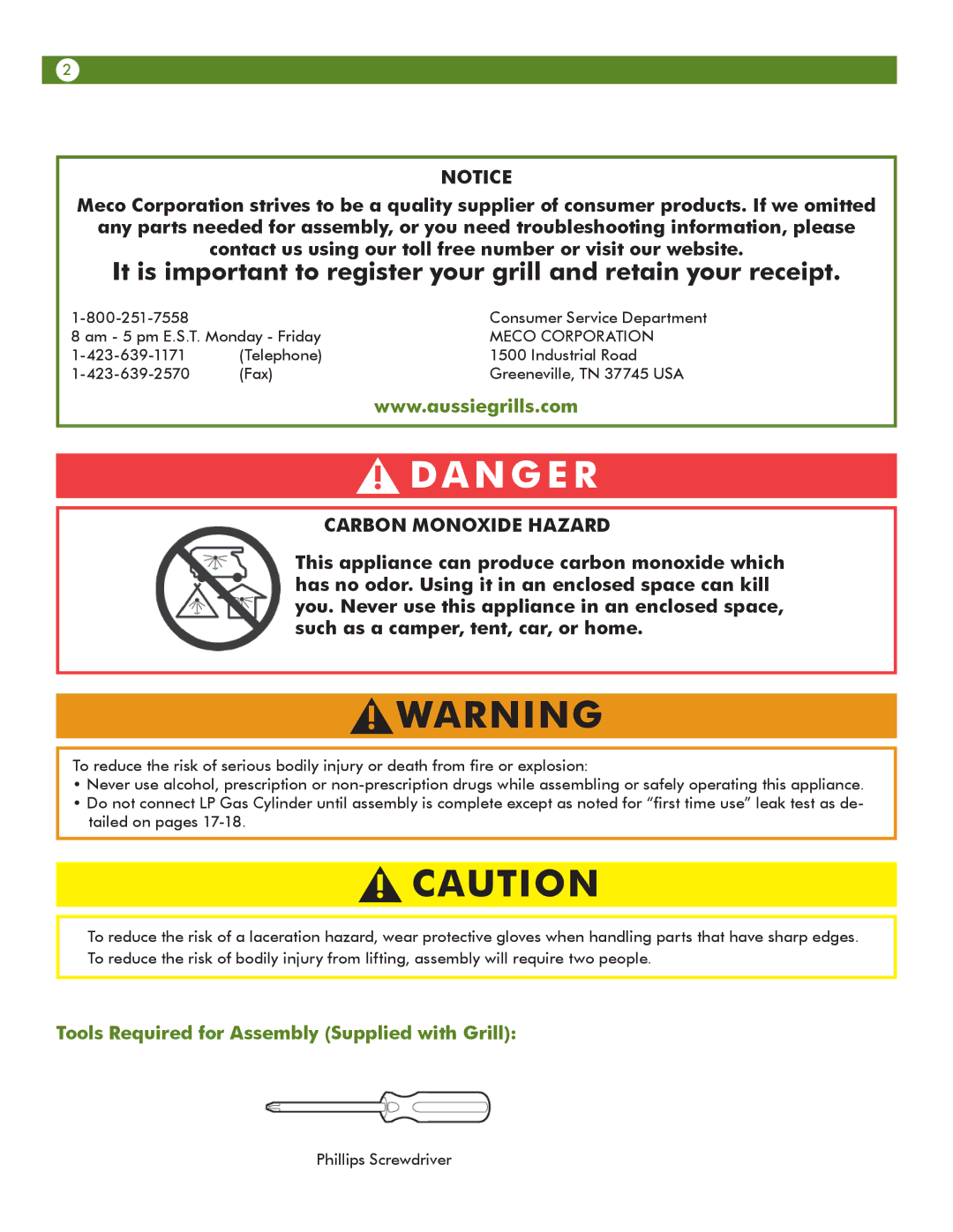 Aussie 6804T80SS1 manual Carbon Monoxide Hazard, Tools Required for Assembly Supplied with Grill 