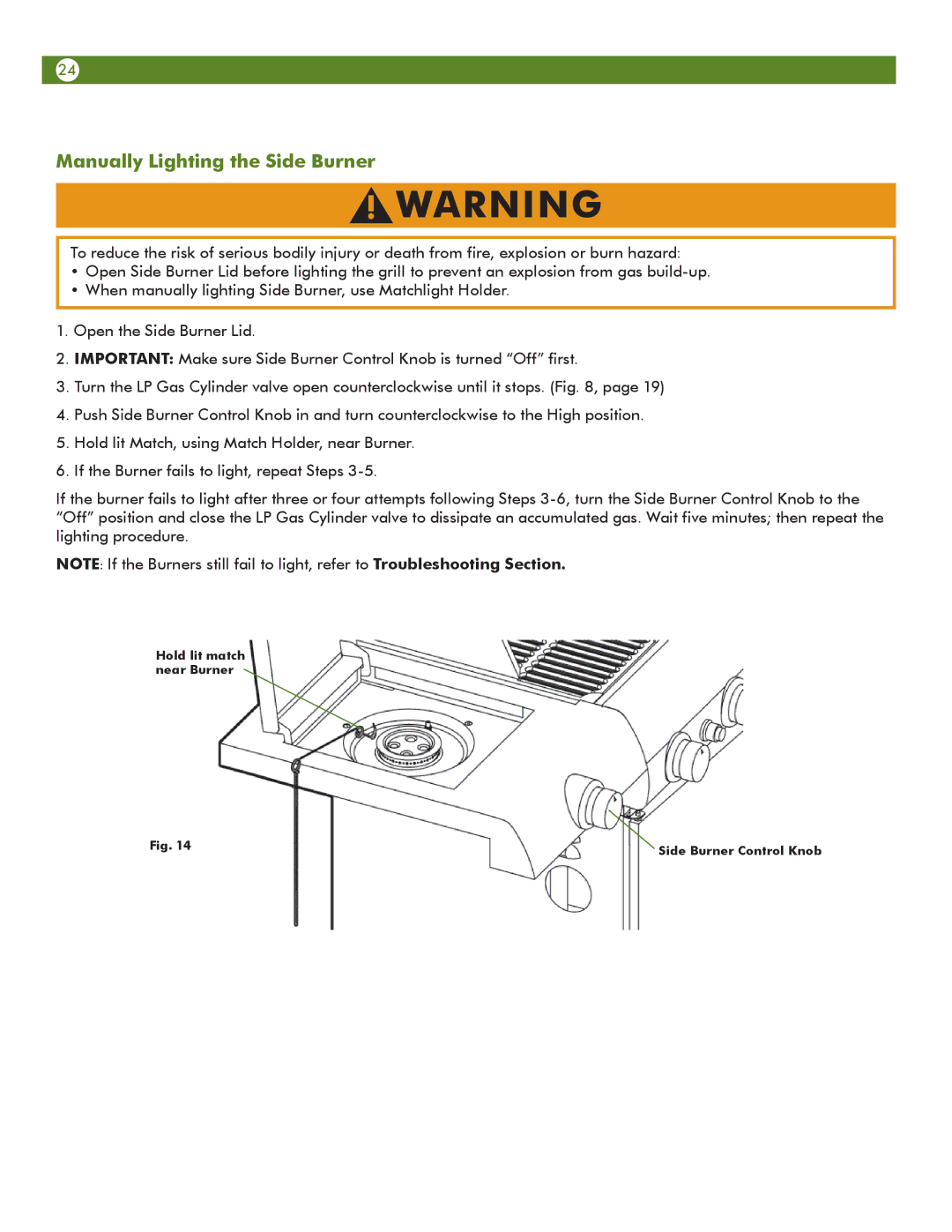 Aussie 6804T80SS1 manual Manually Lighting the Side Burner 