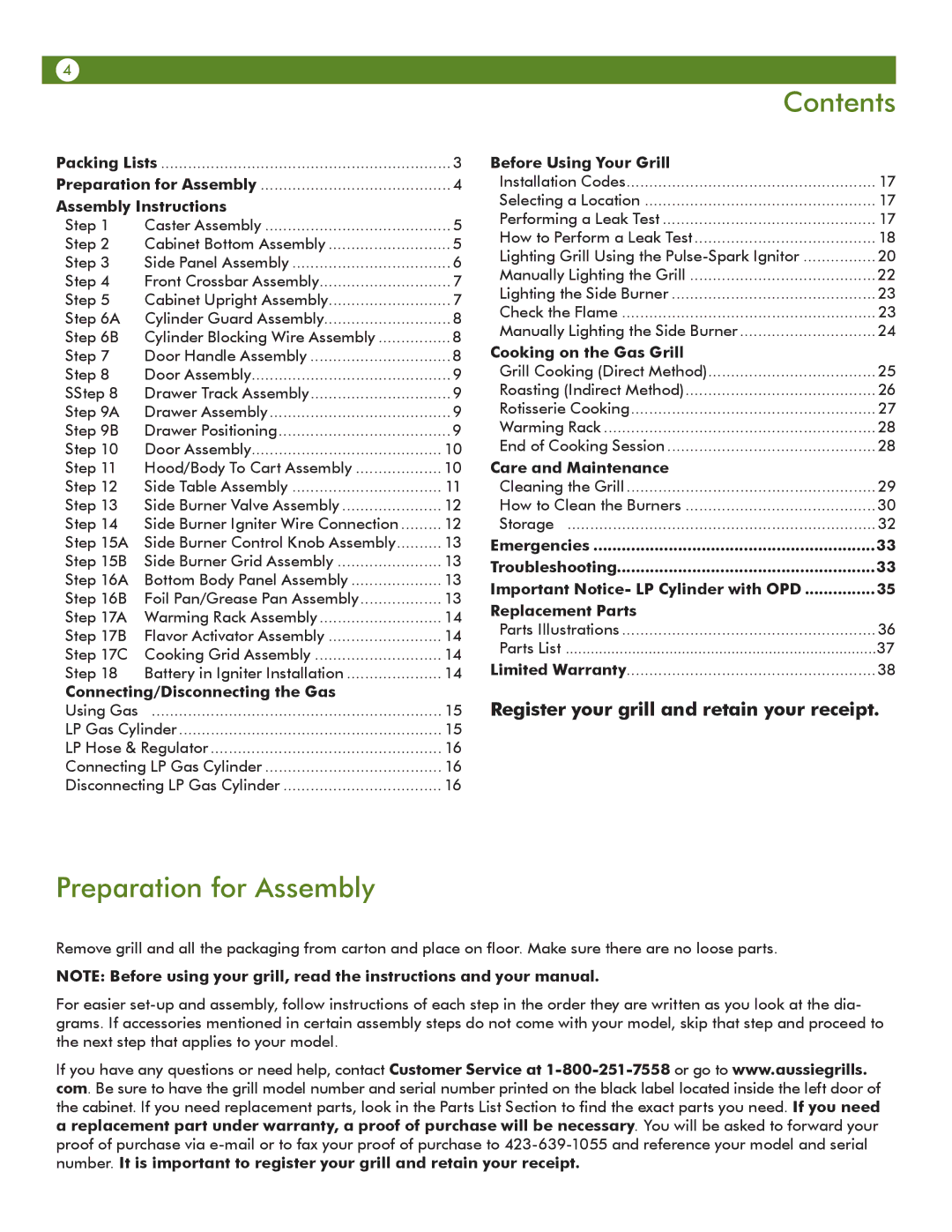 Aussie 6804T80SS1 manual Contents, Preparation for Assembly 