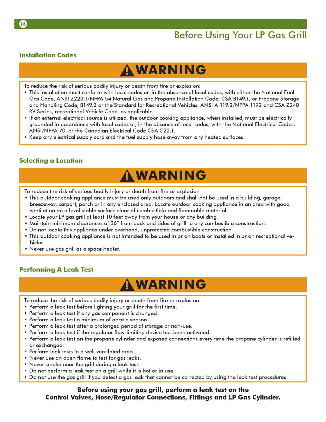 Aussie 6804T8UK91 manual Before Using Your LP Gas Grill, Installation Codes, Selecting a Location, Performing a Leak Test 