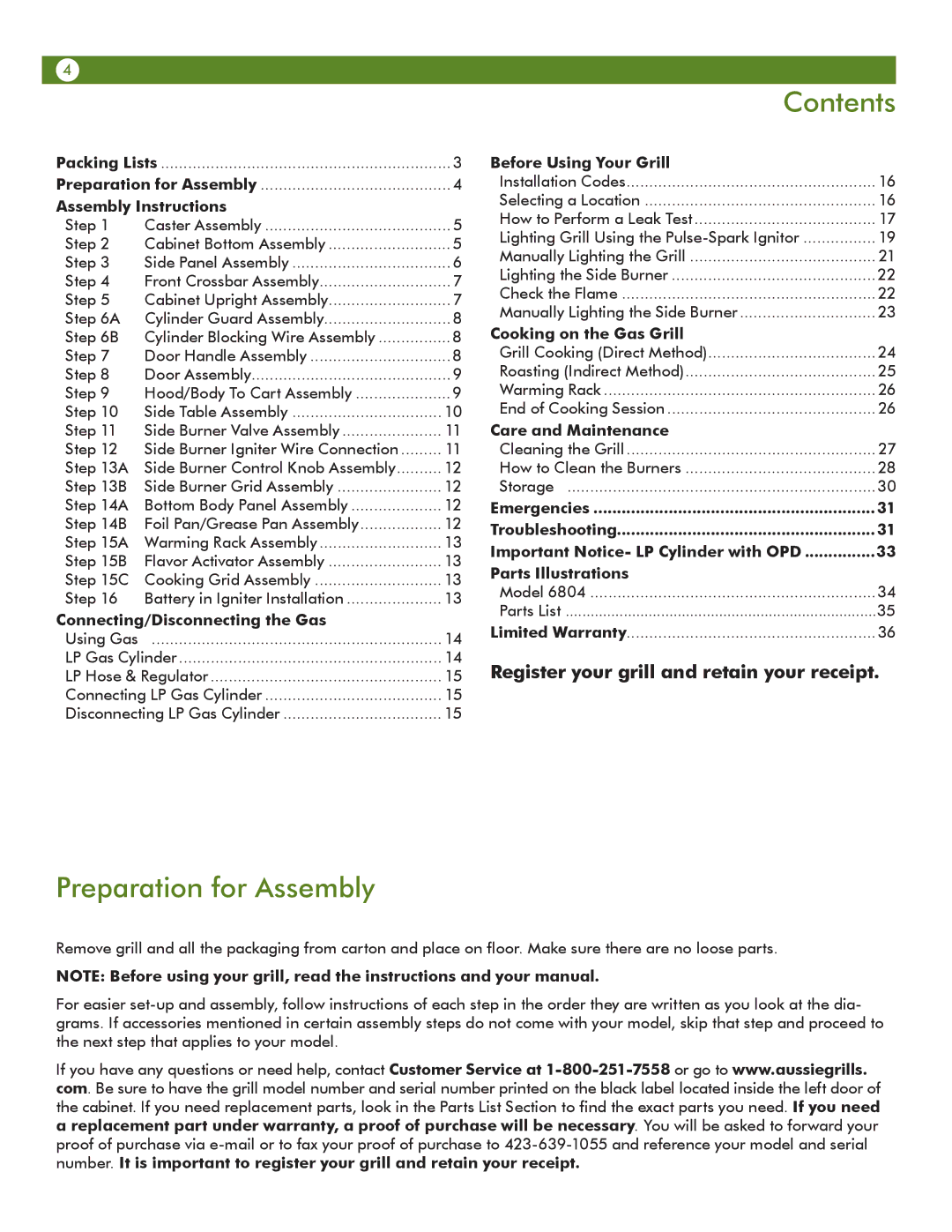 Aussie 6804T8UK91 manual Contents, Preparation for Assembly 