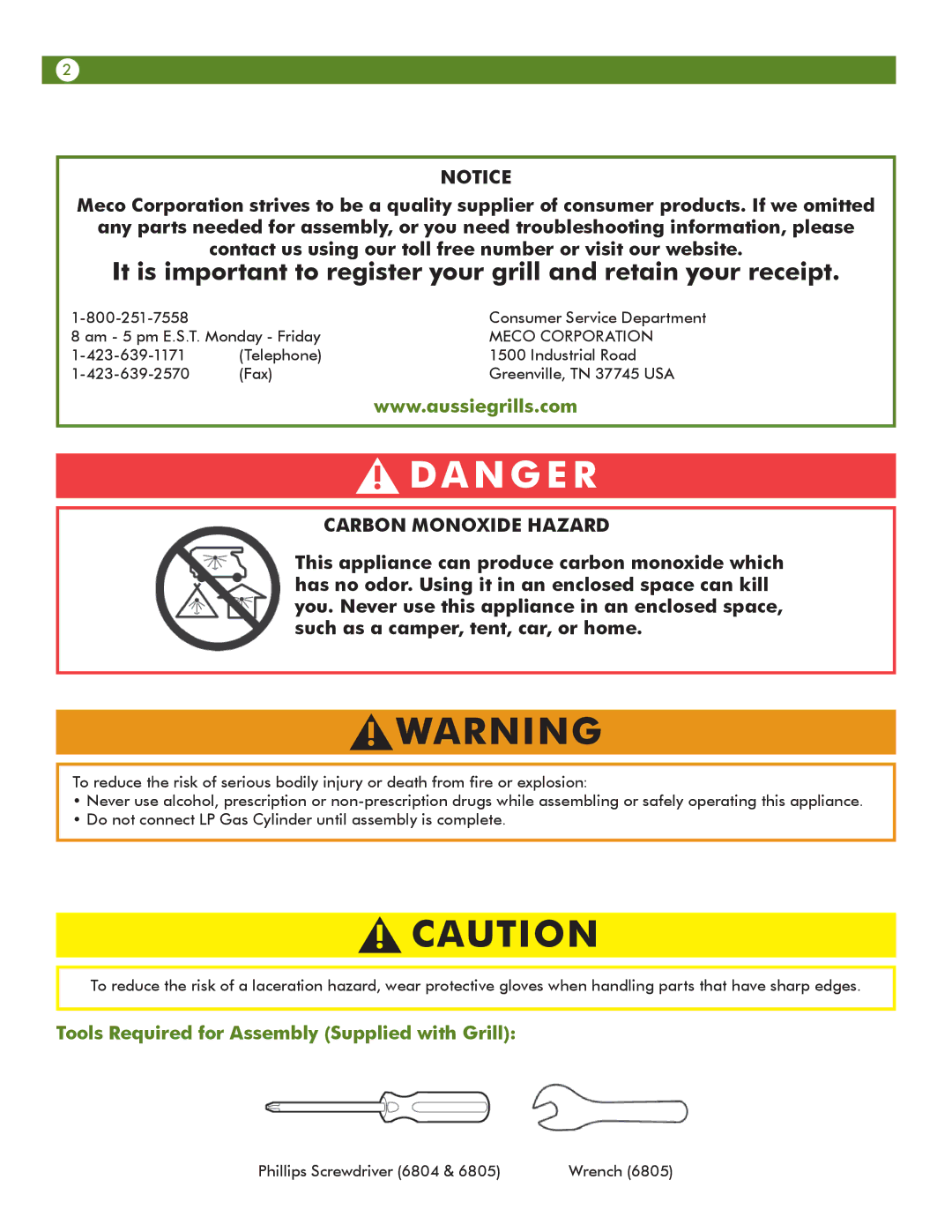 Aussie 6805, 6804 manual Carbon Monoxide Hazard, Tools Required for Assembly Supplied with Grill 