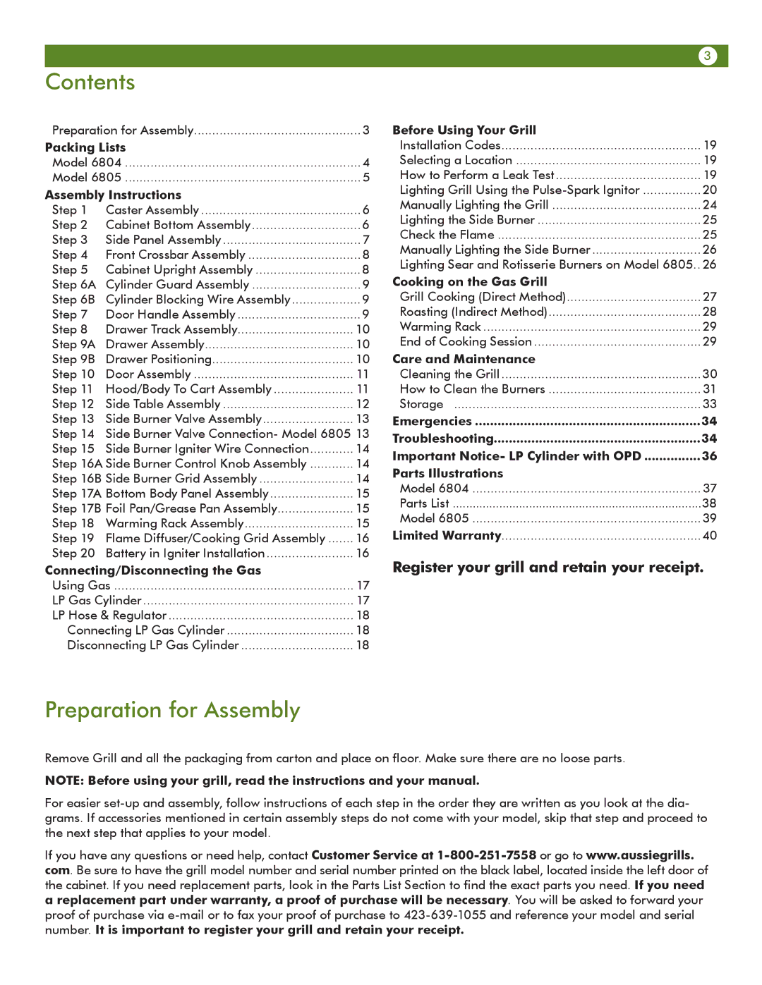 Aussie 6804, 6805 manual Contents, Preparation for Assembly 