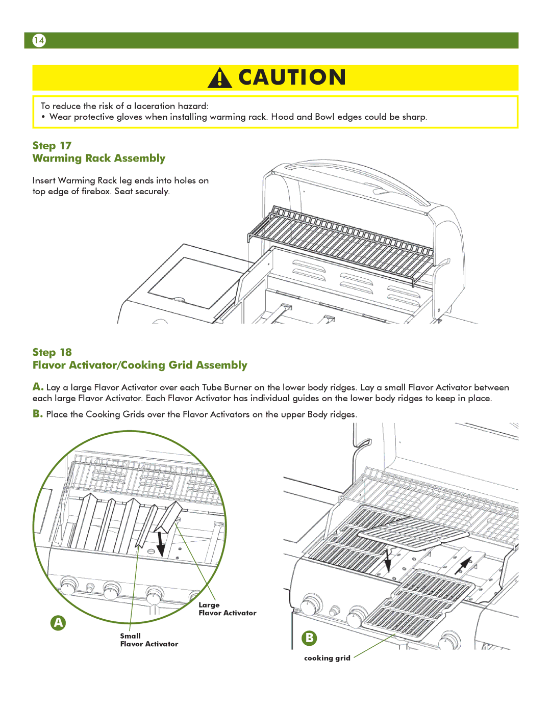 Aussie 68R5A9SSS1 manual Step Warming Rack Assembly, Step Flavor Activator/Cooking Grid Assembly 