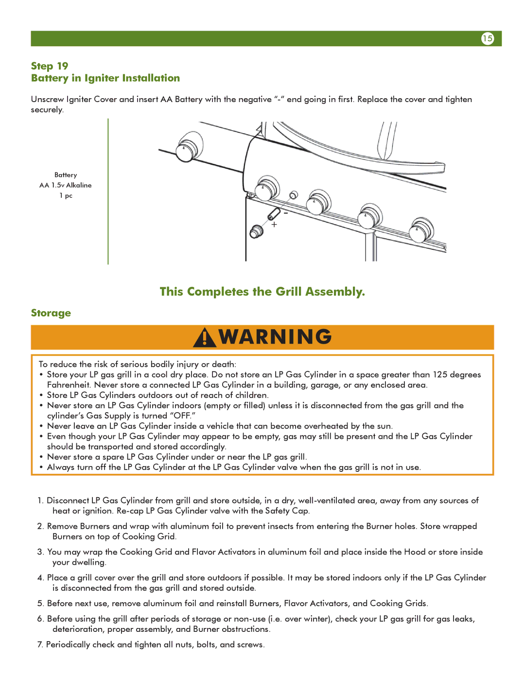 Aussie 68R5A9SSS1 manual Step Battery in Igniter Installation, Storage 