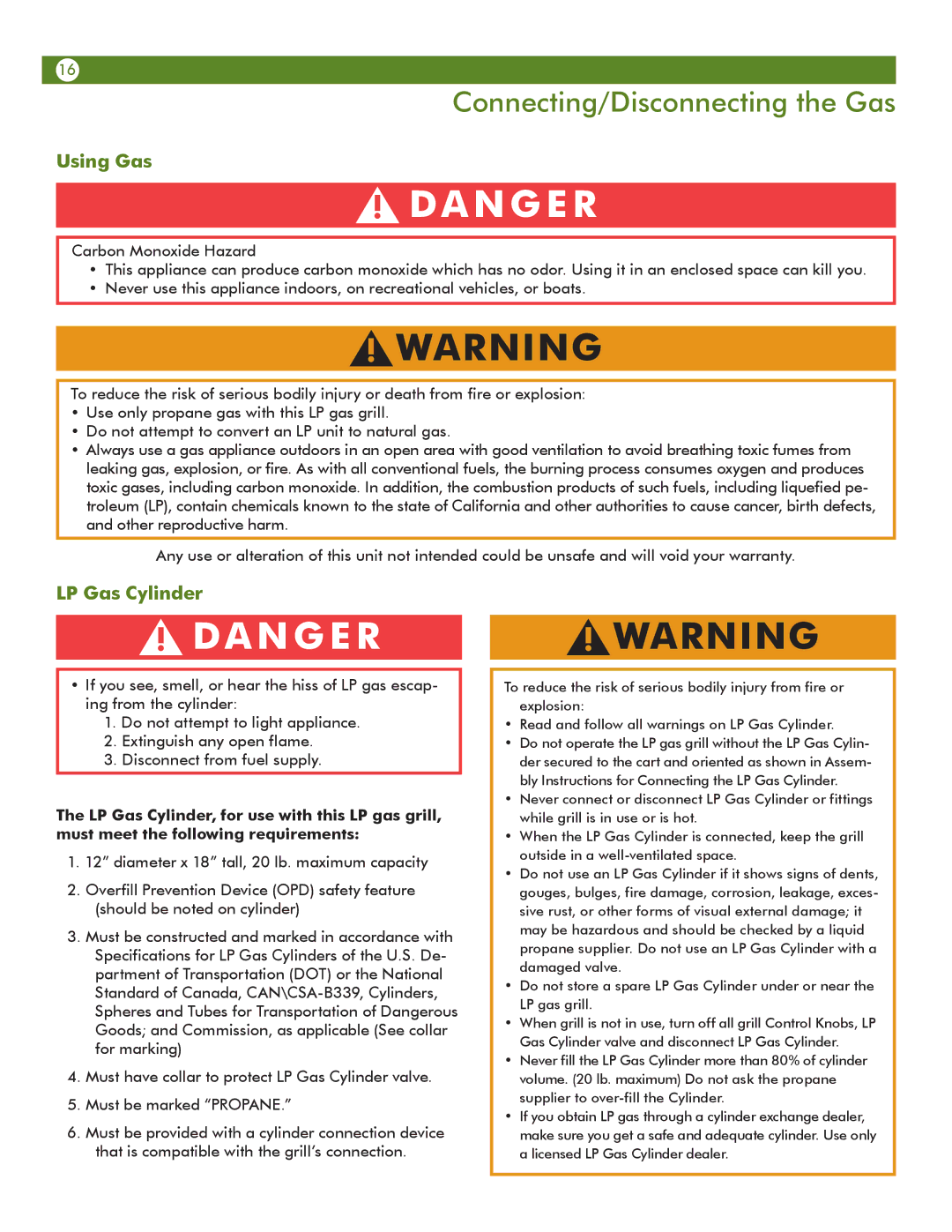 Aussie 68R5A9SSS1 manual Connecting/Disconnecting the Gas, Using Gas, LP Gas Cylinder 