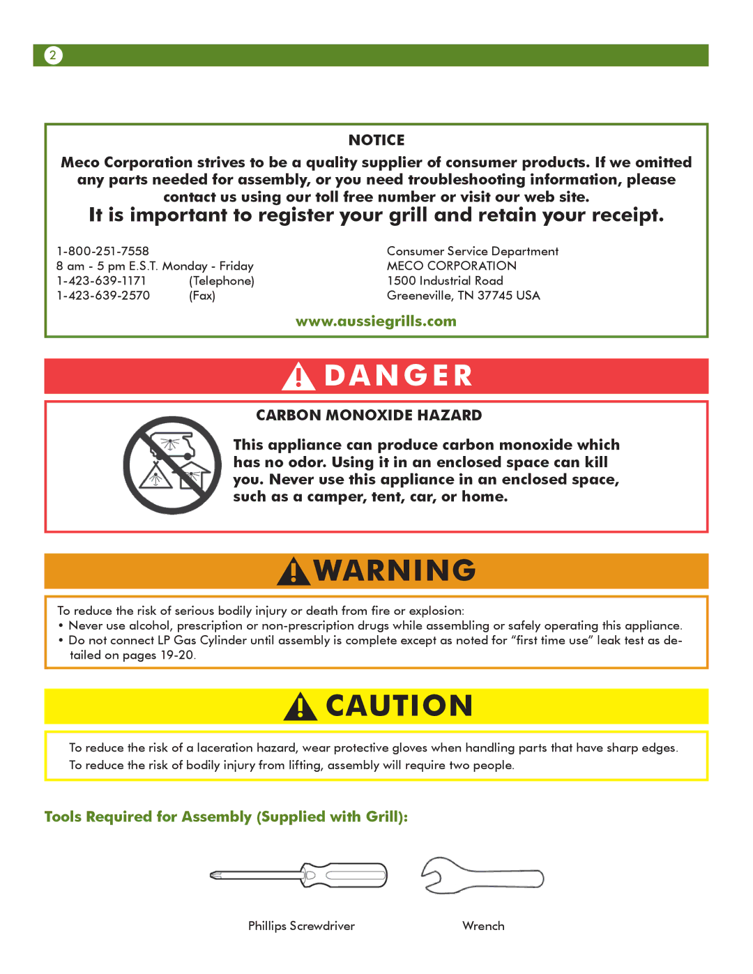 Aussie 68R5A9SSS1 manual Carbon Monoxide Hazard, Tools Required for Assembly Supplied with Grill 