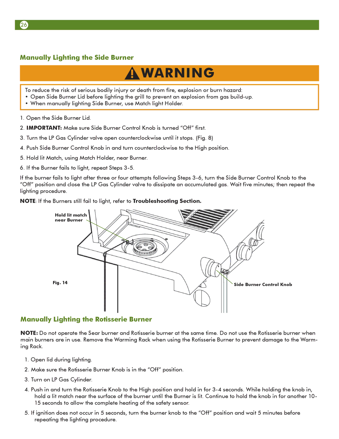 Aussie 68R5A9SSS1 manual Manually Lighting the Side Burner, Manually Lighting the Rotisserie Burner 