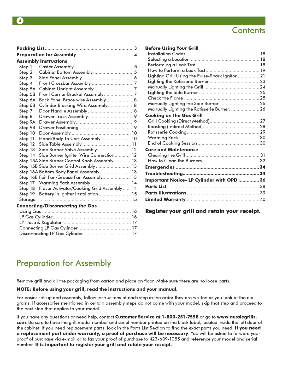 Aussie 68R5A9SSS1 manual Contents, Preparation for Assembly 