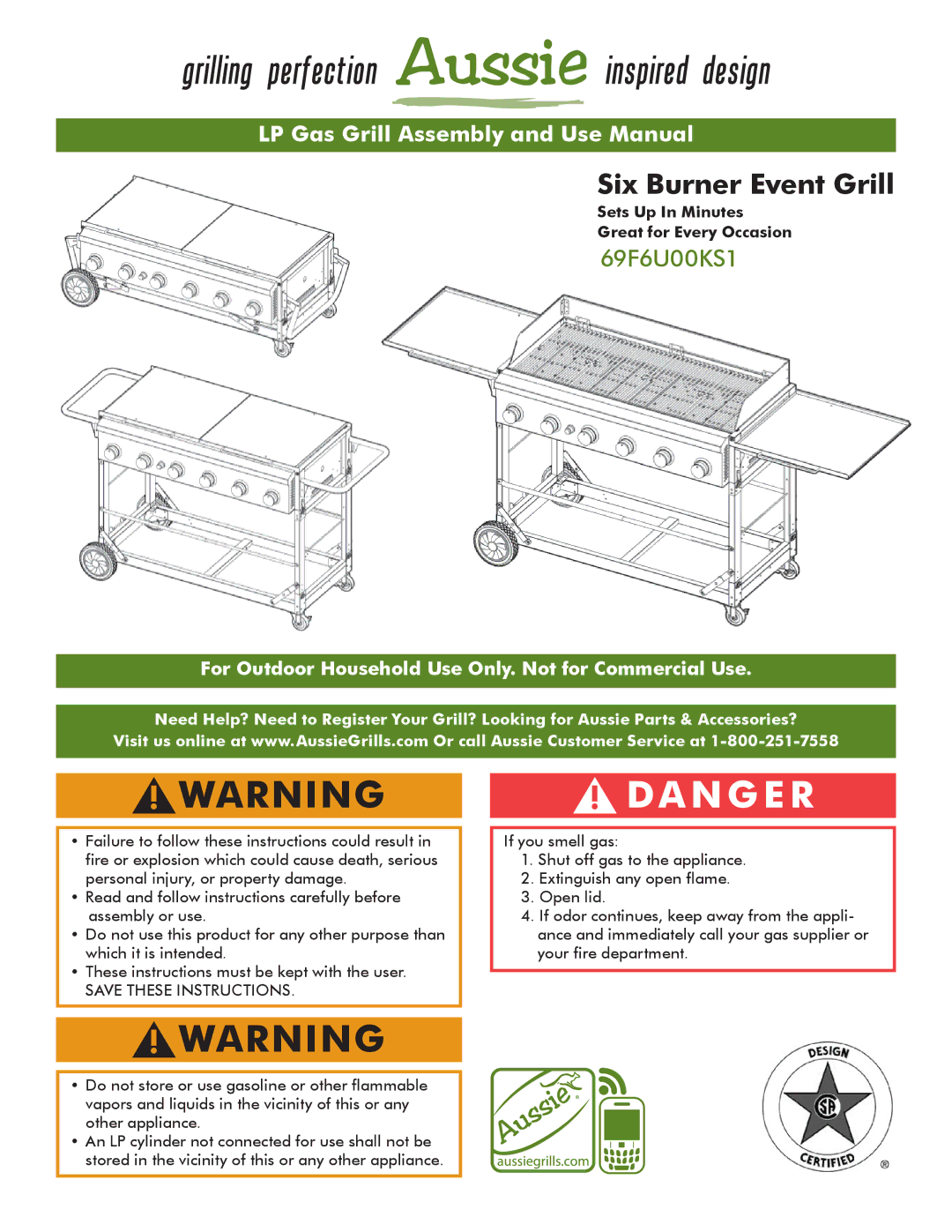 Aussie 69F6U00KS1 manual Six Burner Event Grill, Sets Up In Minutes Great for Every Occasion 