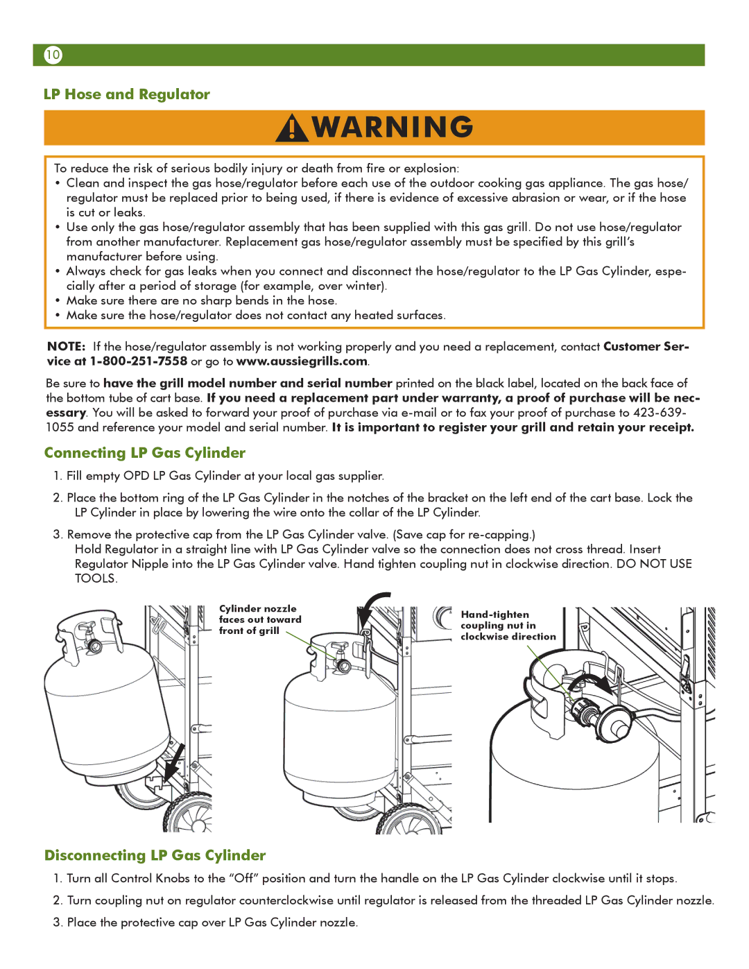 Aussie 69F6U00KS1 manual LP Hose and Regulator, Connecting LP Gas Cylinder, Disconnecting LP Gas Cylinder 