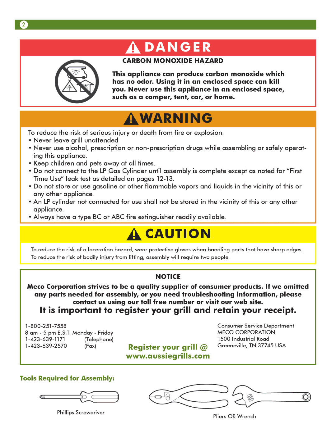 Aussie 69F6U00KS1 manual Carbon Monoxide Hazard, Tools Required for Assembly 