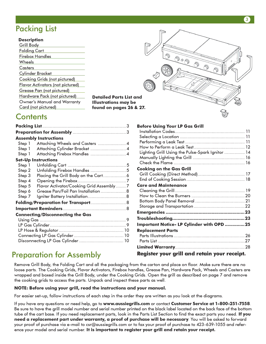 Aussie 69F6U00KS1 manual Packing List, Contents, Preparation for Assembly 