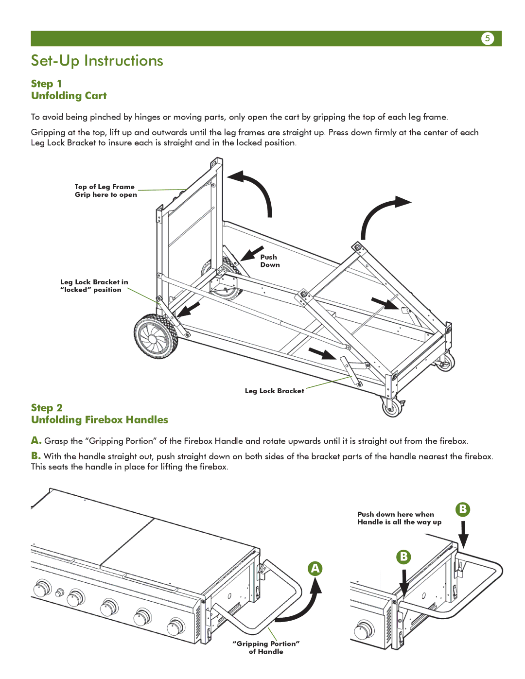 Aussie 69F6U00KS1 manual Set-Up Instructions, Step Unfolding Cart, Step Unfolding Firebox Handles 