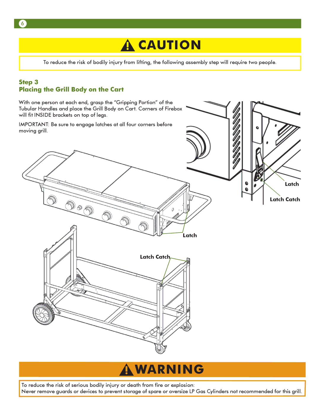 Aussie 69F6U00KS1 manual Step Placing the Grill Body on the Cart, Latch Latch Catch 