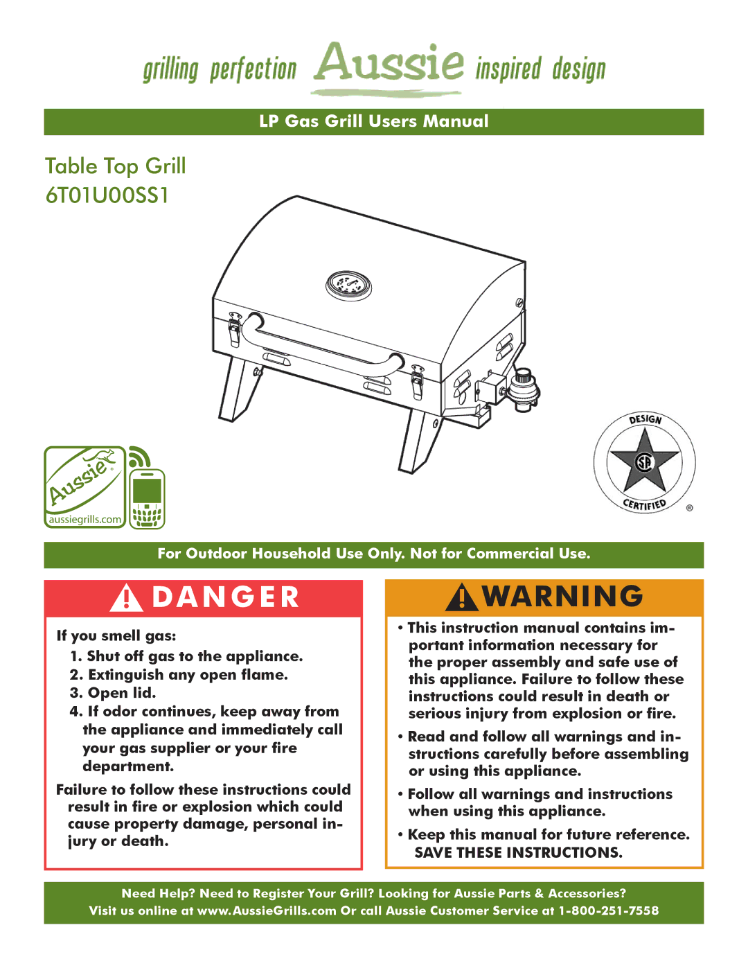 Aussie user manual Da N G E R, Table Top Grill 6T01U00SS1 