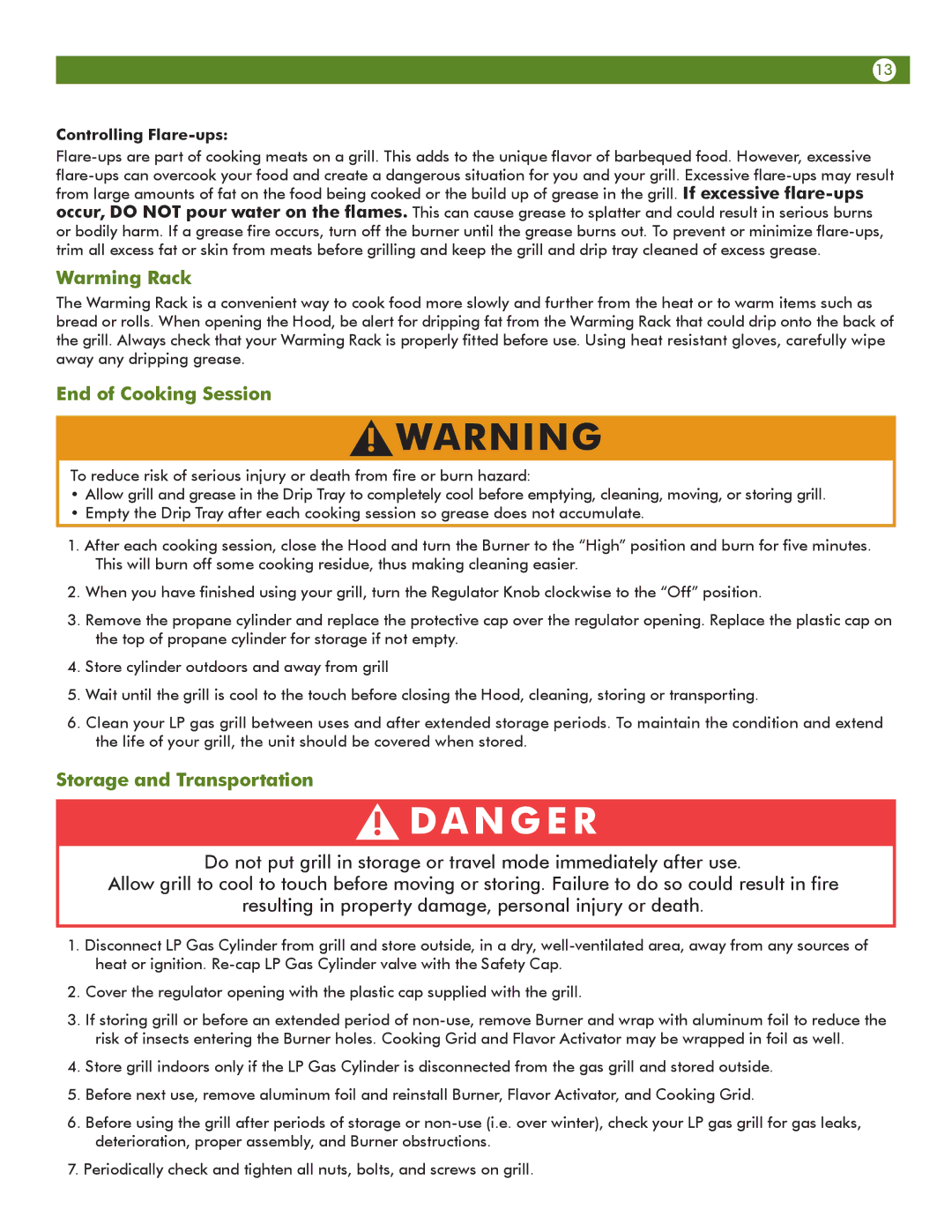 Aussie 6T01U00SS1 user manual Warming Rack, End of Cooking Session, Storage and Transportation, Controlling Flare-ups 