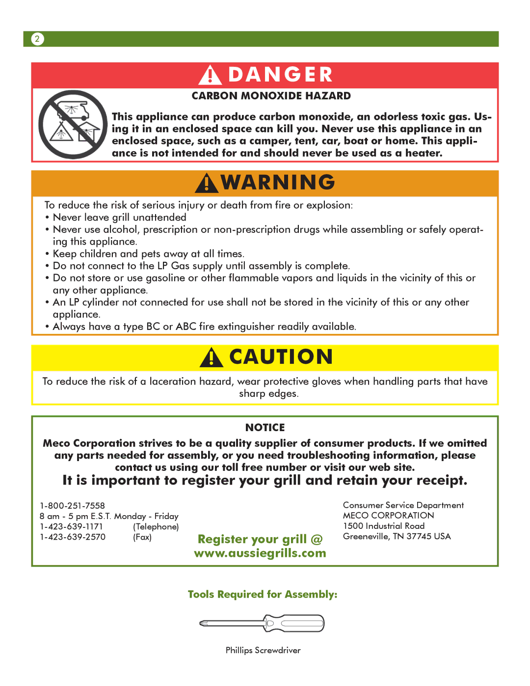 Aussie 6T01U00SS1 user manual Carbon Monoxide Hazard, Tools Required for Assembly 