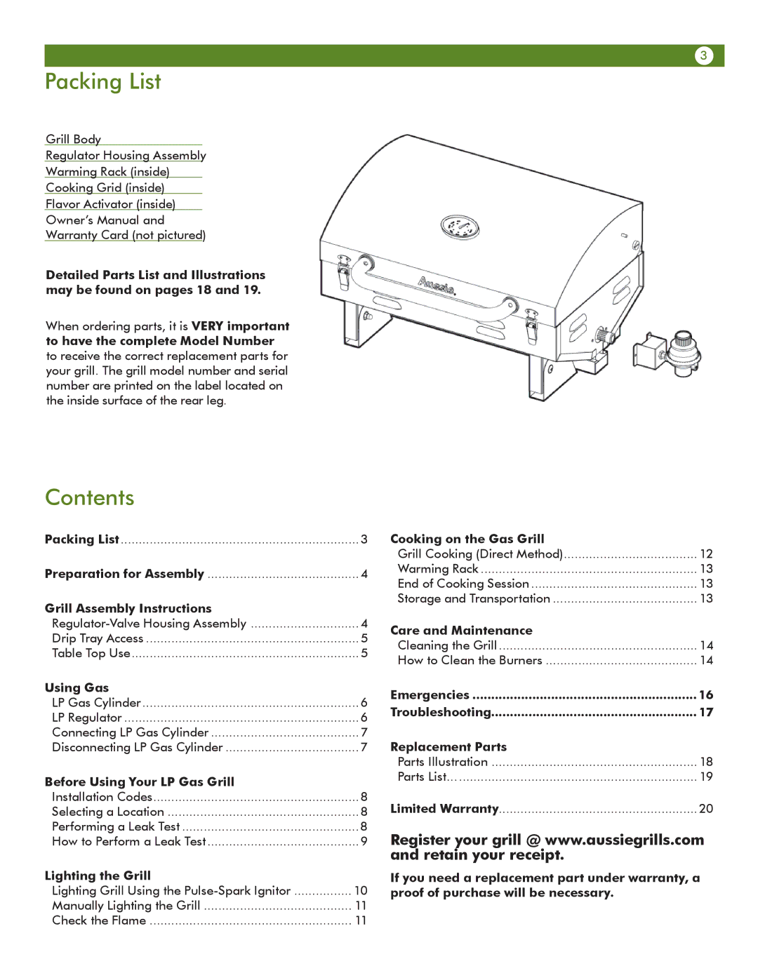 Aussie 6T01U00SS1 user manual Packing List, Contents 