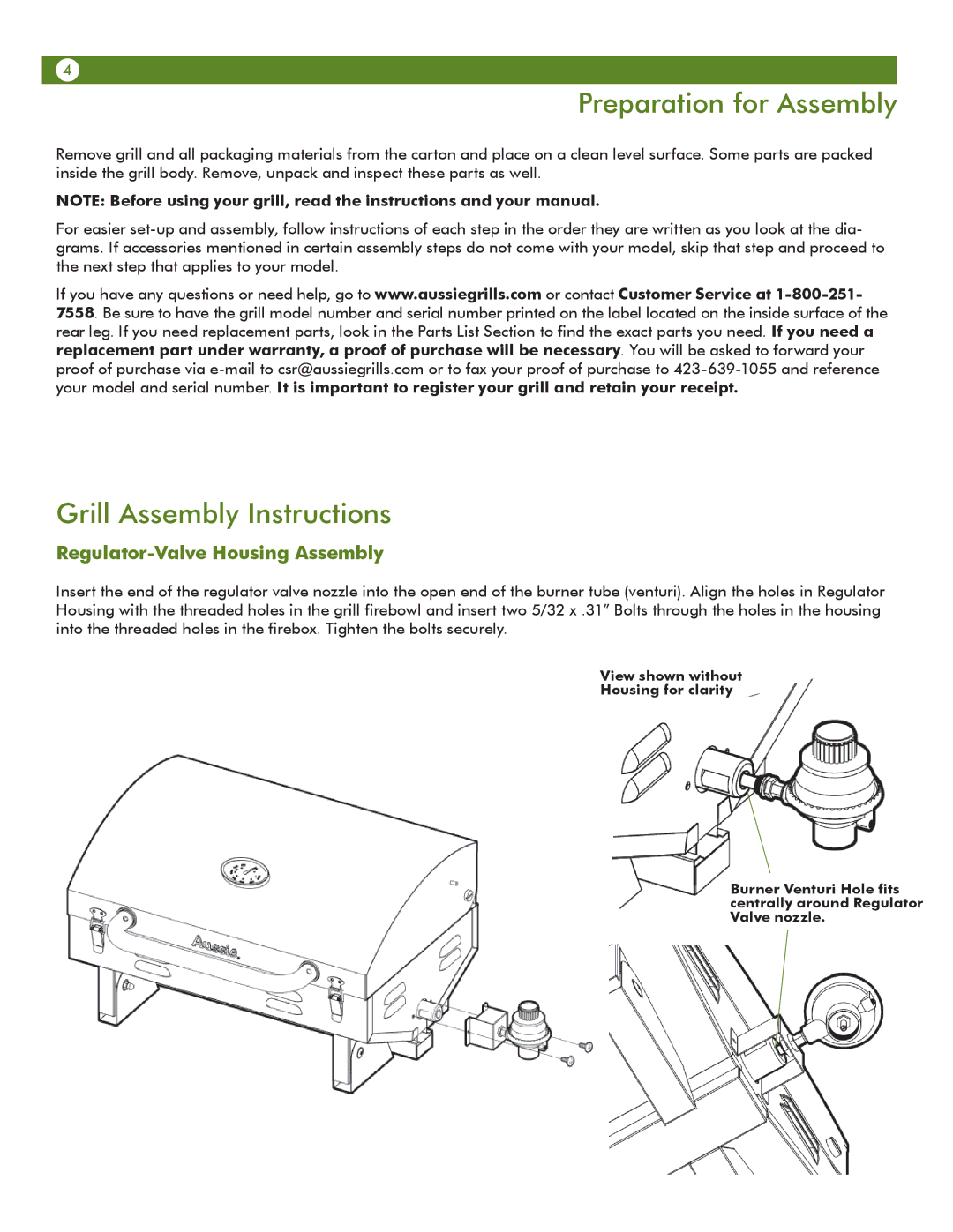 Aussie 6T01U00SS1 user manual Preparation for Assembly, Grill Assembly Instructions, Regulator-Valve Housing Assembly 