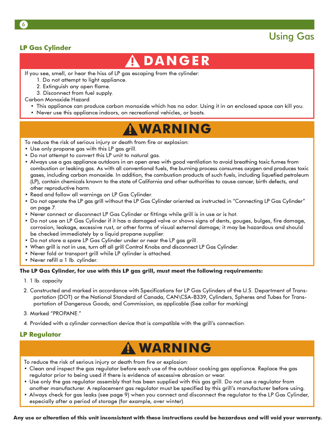 Aussie 6T01U00SS1 user manual Using Gas, LP Gas Cylinder, LP Regulator 