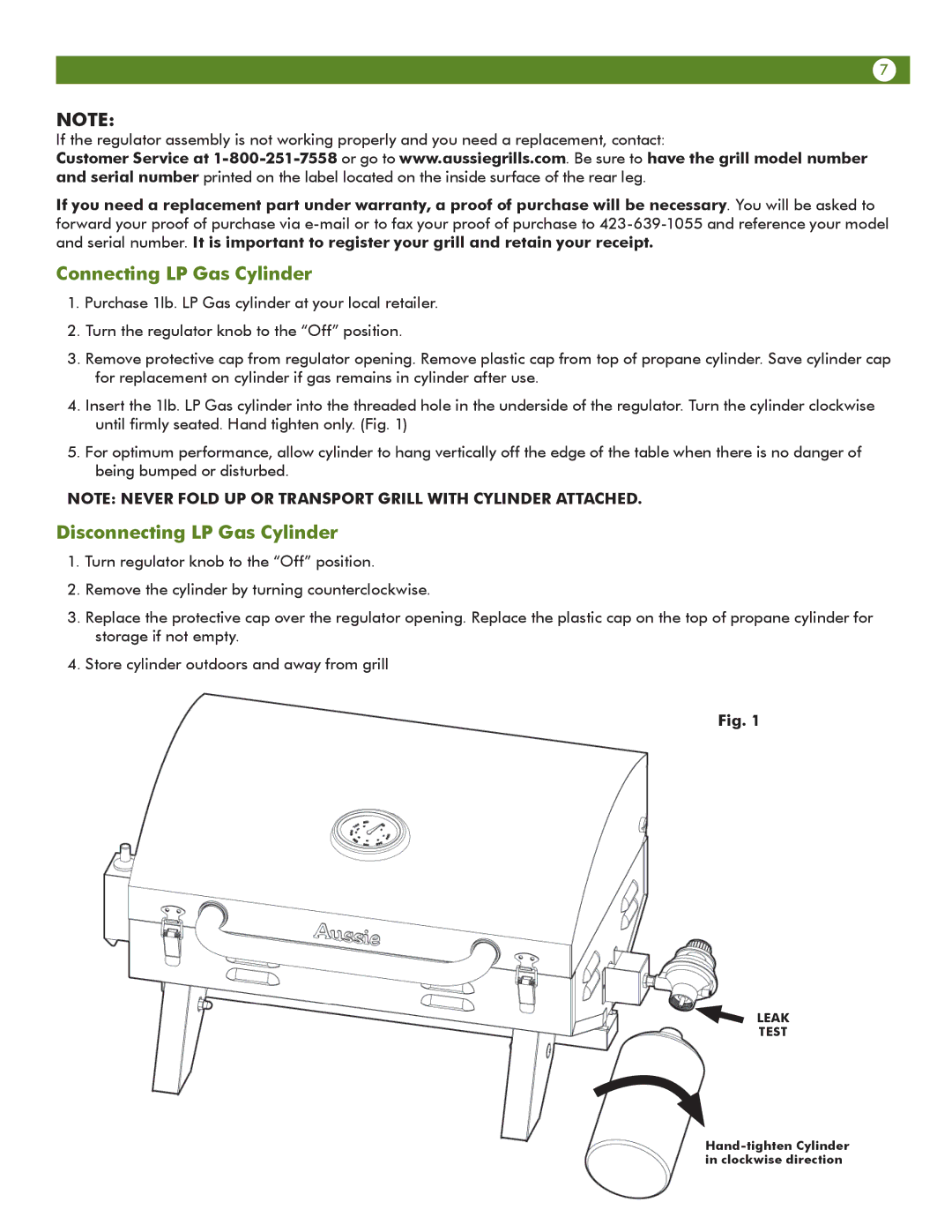 Aussie 6T01U00SS1 user manual Connecting LP Gas Cylinder, Disconnecting LP Gas Cylinder 