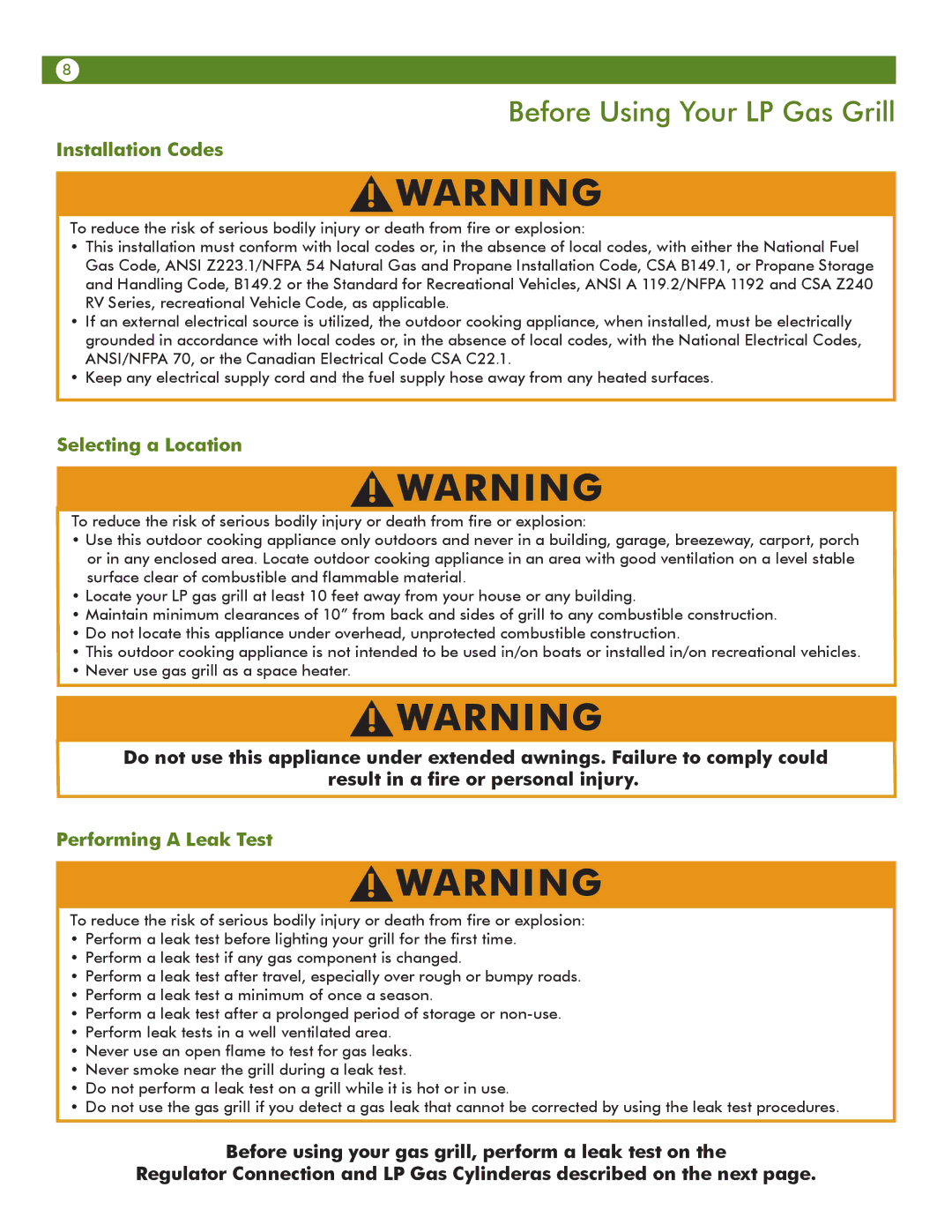 Aussie 6T01U00SS1 Before Using Your LP Gas Grill, Installation Codes, Selecting a Location, Performing a Leak Test 