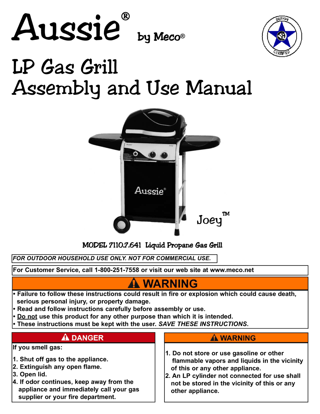 Aussie 7110.7.641 manual LP Gas Grill Assembly and Use Manual 