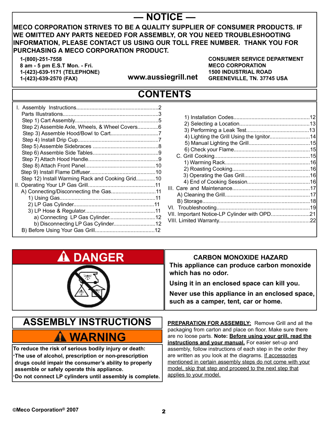 Aussie 7110.7.641 manual Contents, Assembly Instructions 