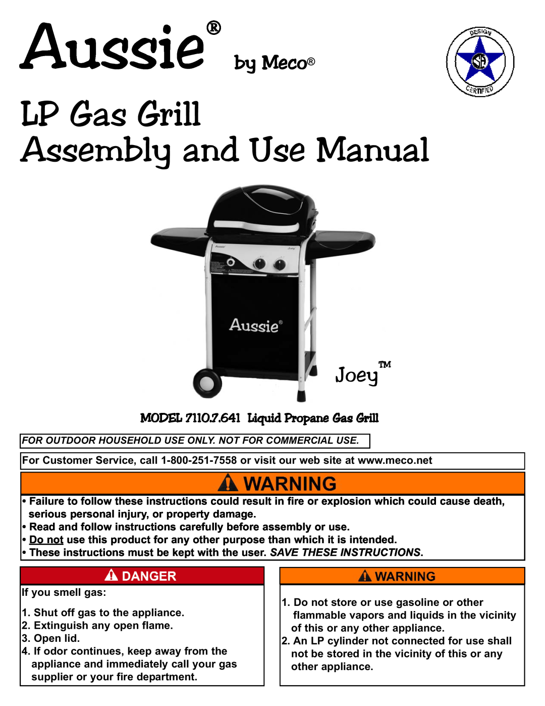 Aussie 7110.7.641 manual LP Gas Grill Assembly and Use Manual, JoeyTM, Aussie by Meco 