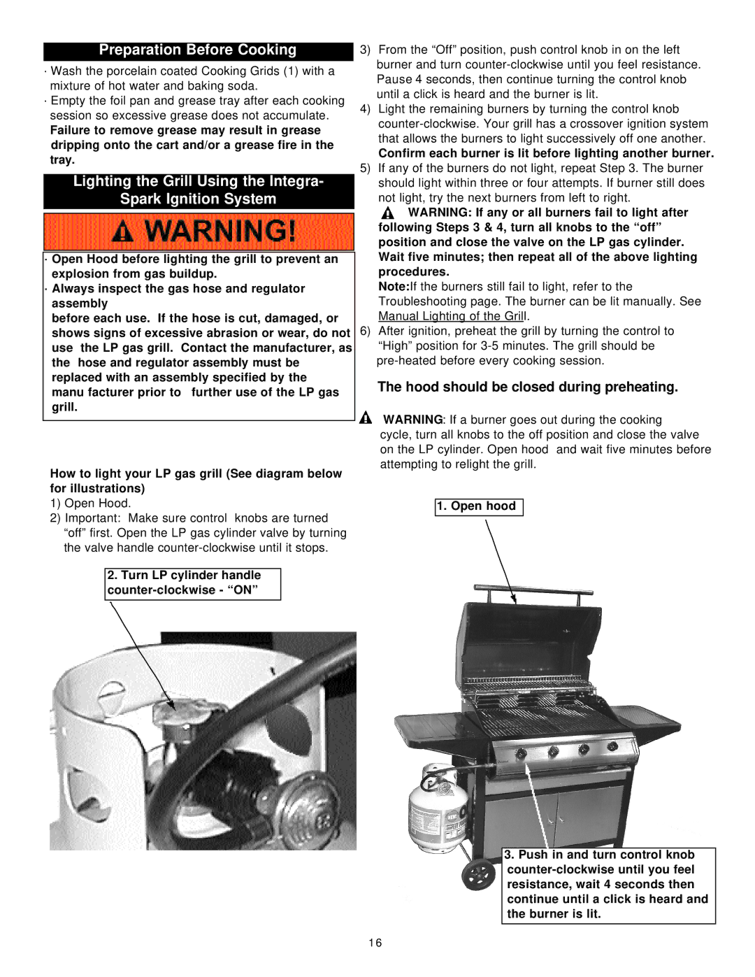 Aussie 8362, 8462 manual Preparation Before Cooking, Lighting the Grill Using the Integra Spark Ignition System 