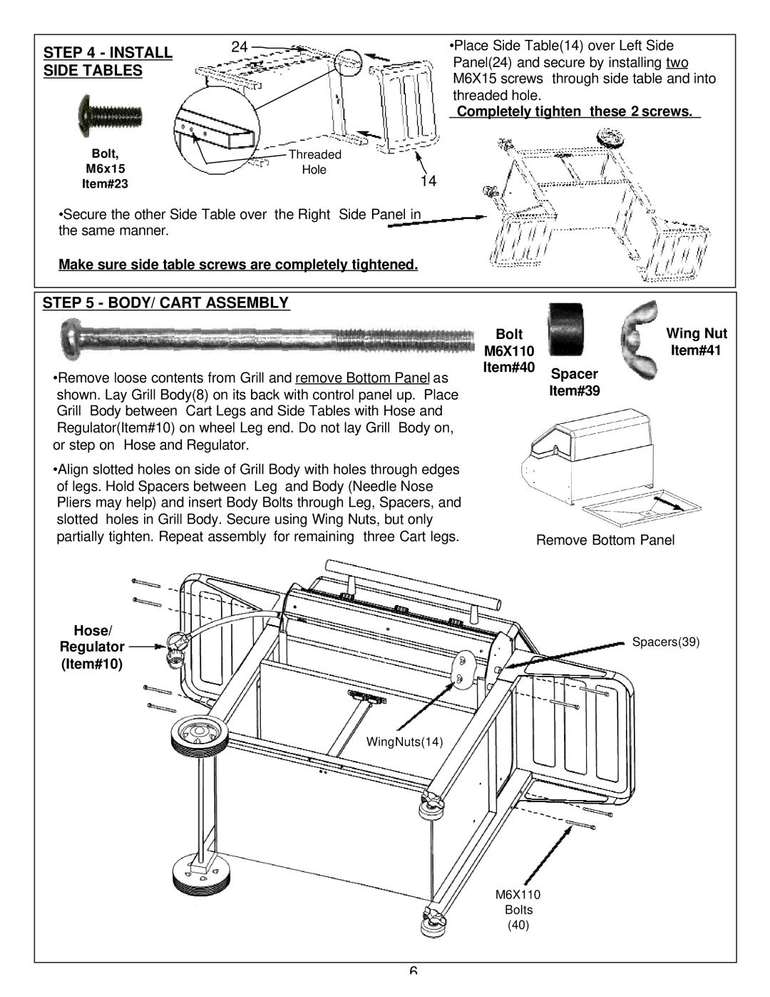 Aussie 8362, 8462 manual Install Side Tables, BODY/ Cart Assembly, Bolt Threaded M6x15 Hole Item#23, M6X110 