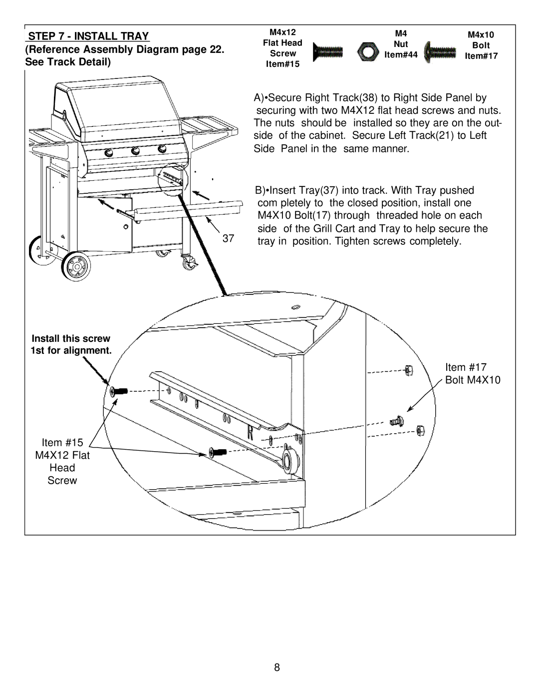 Aussie 8362, 8462 manual Install Tray, Reference Assembly Diagram page 22. See Track Detail, M4x12 M4x10 