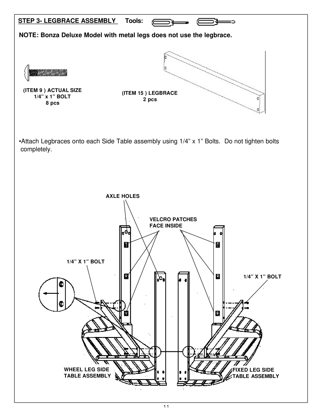 Aussie Kanga, Bonza Deluxe owner manual Legbrace Assembly Tools, X 1 Bolt 8 pcs Pcs 