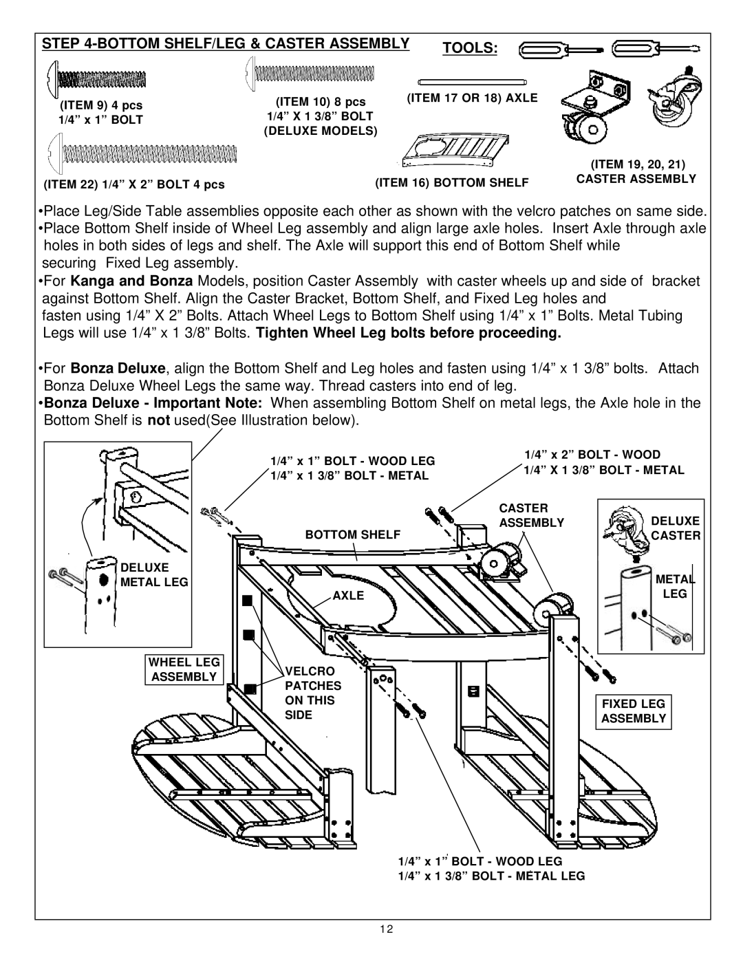 Aussie Bonza Deluxe Bottom SHELF/LEG & Caster Assembly Tools, Item 19, 20, X 1 Bolt Wood LEG 1/4 x 1 3/8 Bolt Metal 