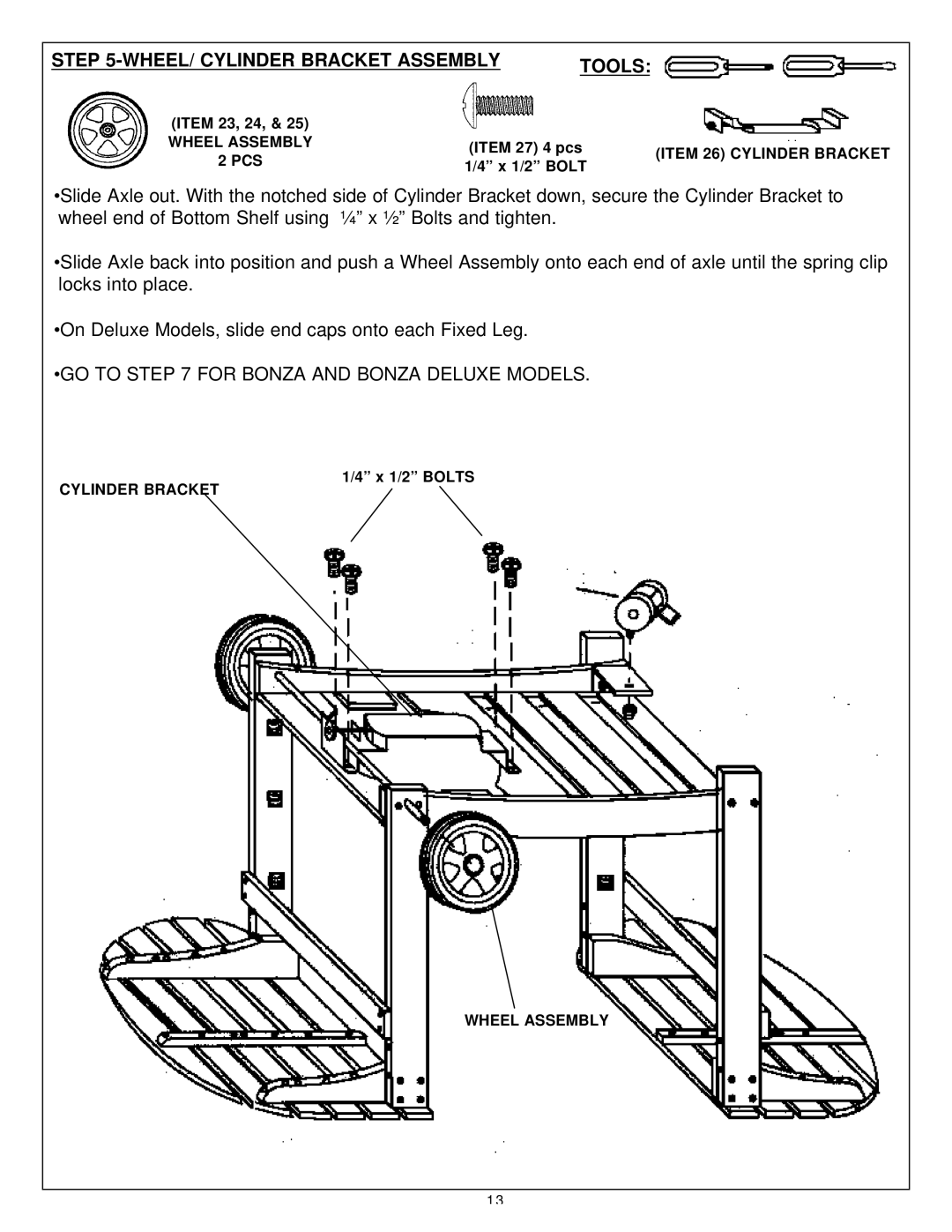 Aussie Bonza Deluxe, Kanga owner manual WHEEL/ Cylinder Bracket Assembly Tools, Item 23, 24, Item 27 4 pcs, X 1/2 Bolts 