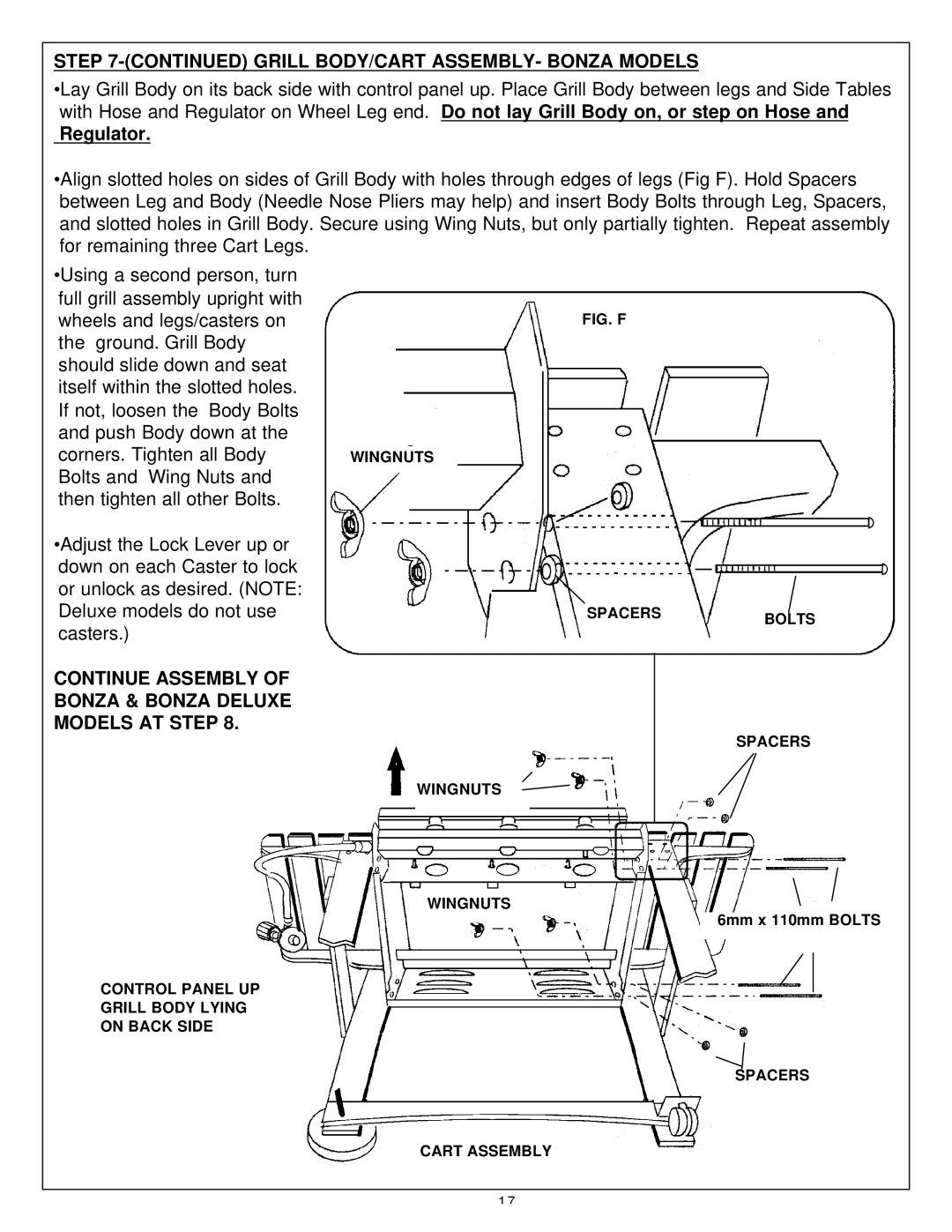 Aussie Kanga owner manual Grill BODY/CART ASSEMBLY- Bonza Models, Continue Assembly of Bonza & Bonza Deluxe Models AT Step 