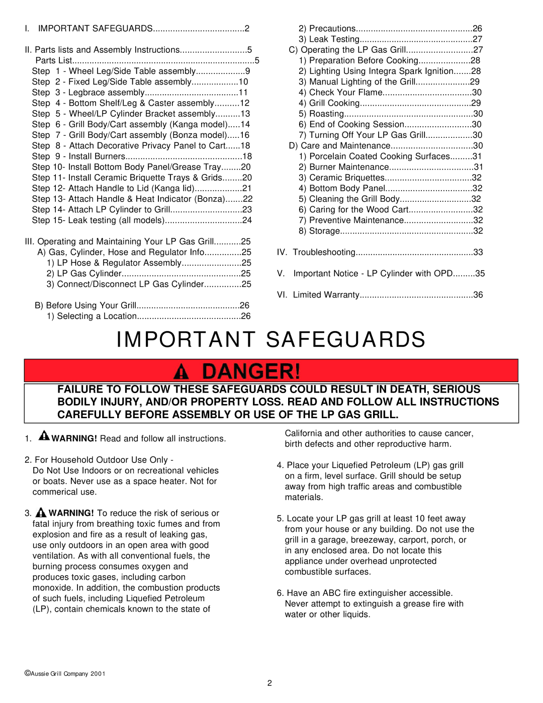 Aussie Kanga, Bonza Deluxe owner manual Important Safeguards 