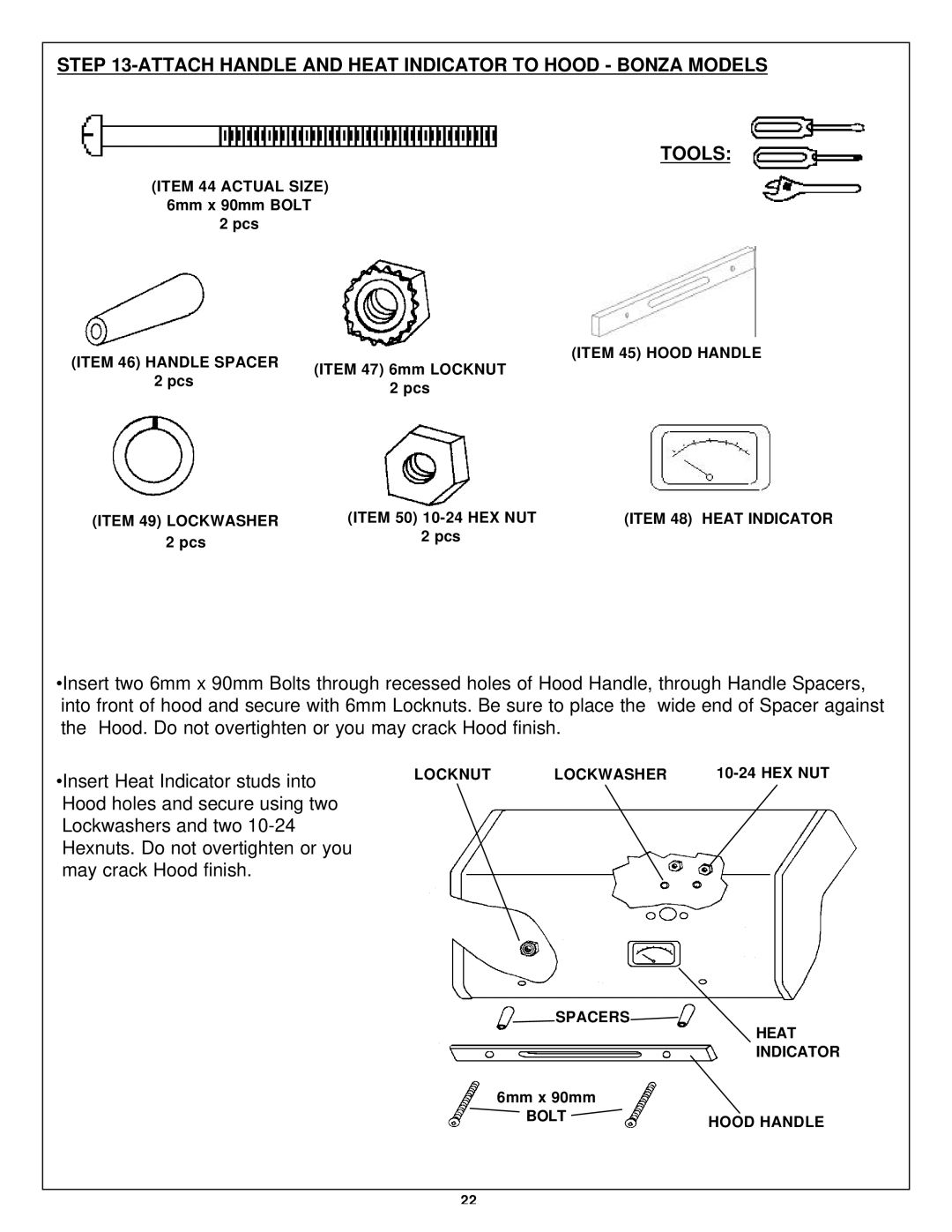 Aussie Bonza Deluxe, Kanga owner manual Attach Handle and Heat Indicator to Hood Bonza Models Tools 