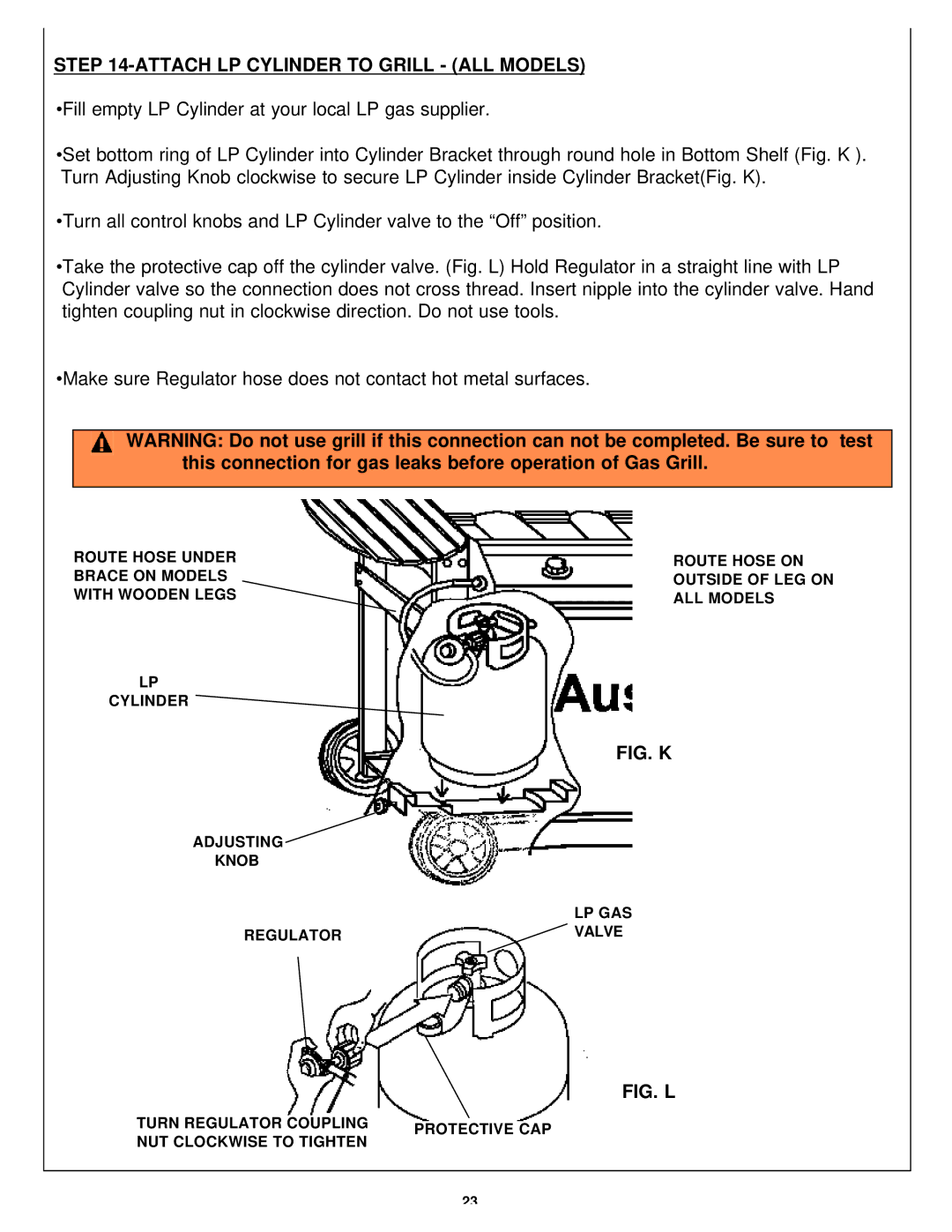 Aussie Kanga, Bonza Deluxe owner manual Attach LP Cylinder to Grill ALL Models, Fig. K 