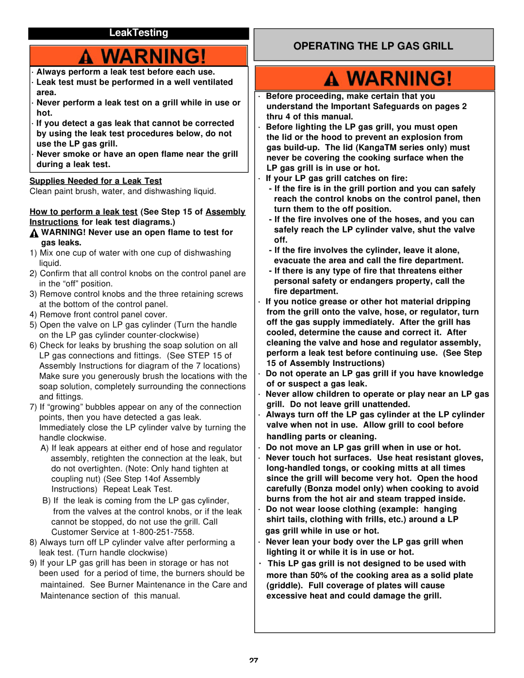 Aussie Bonza Deluxe, Kanga owner manual LeakTesting, Operating the LP GAS Grill 