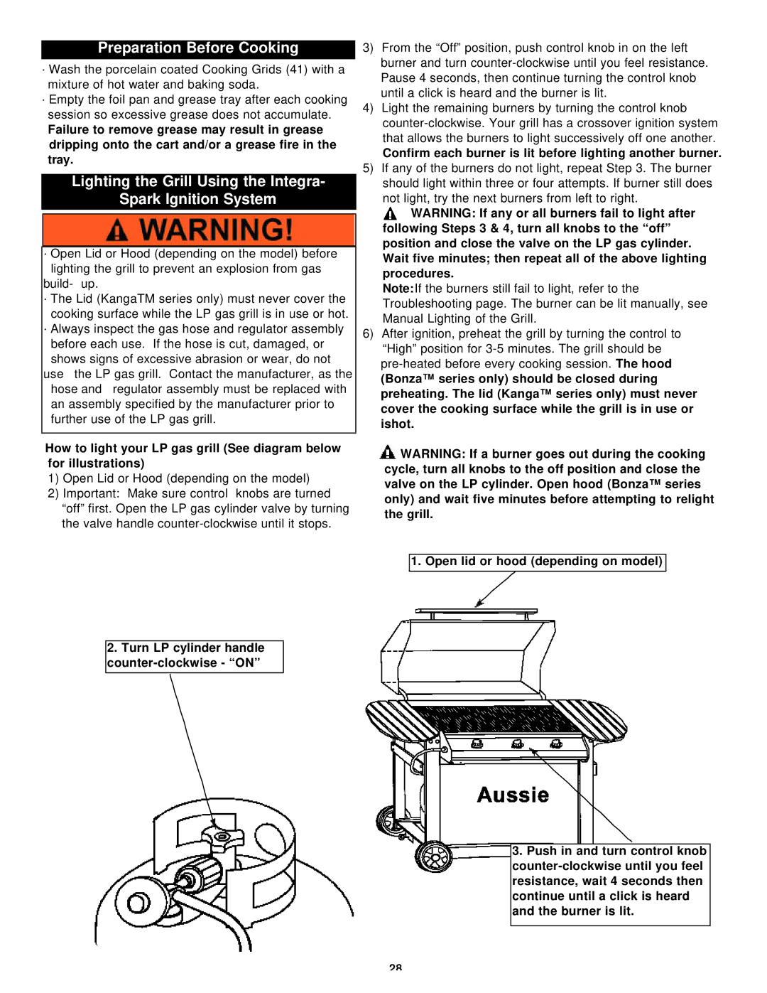 Aussie Bonza Deluxe, Kanga Preparation Before Cooking, Lighting the Grill Using the Integra Spark Ignition System 