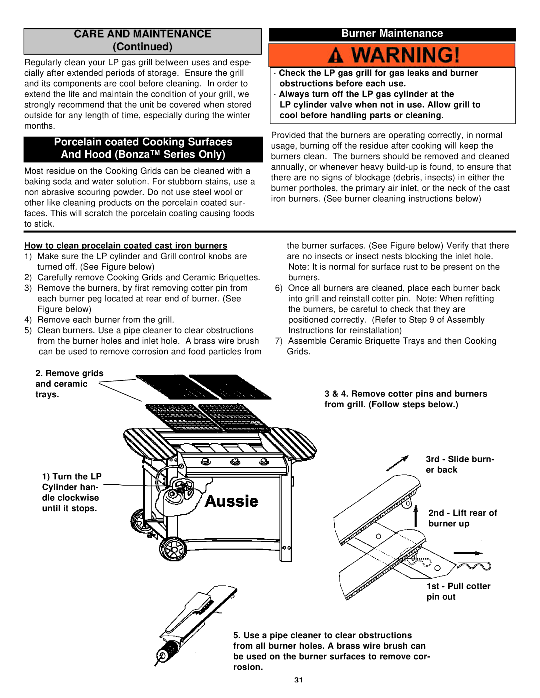 Aussie Bonza Deluxe, Kanga owner manual Burner Maintenance, How to clean procelain coated cast iron burners 