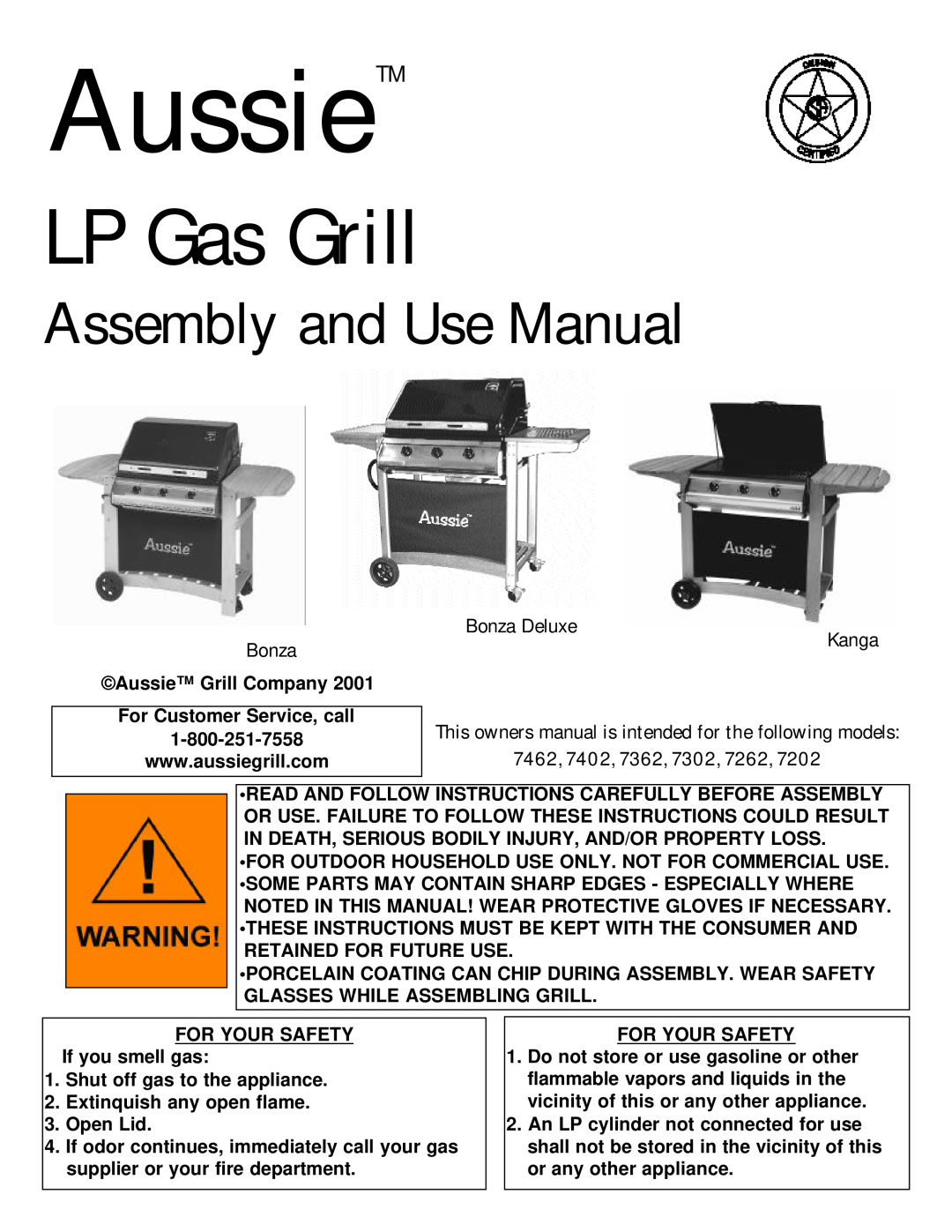 Aussie Bonza Deluxe owner manual AussieTM, LP Gas Grill, Assembly and Use Manual, Extinquish any open flame 3. Open Lid 