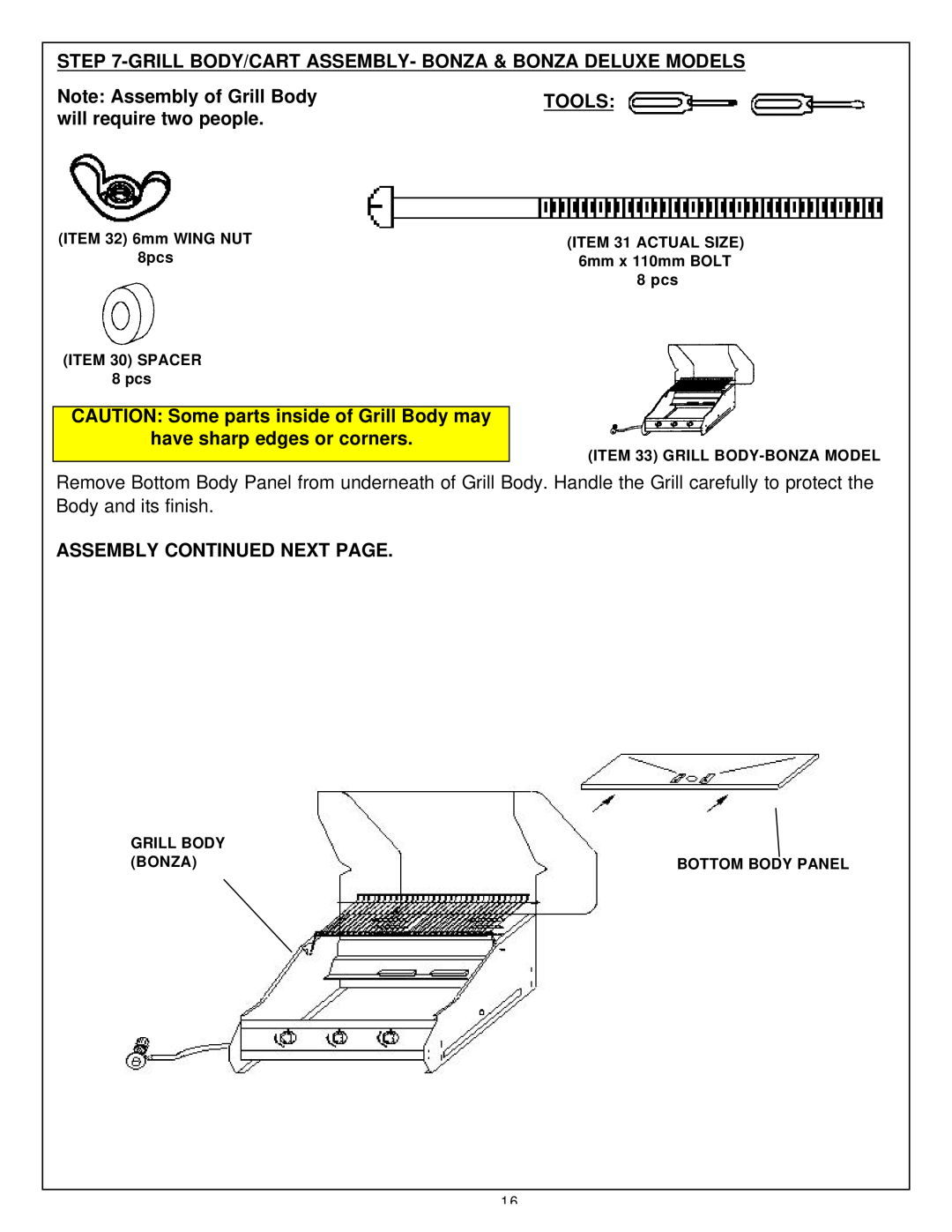 Aussie Kanga owner manual Grill Body/Cart Assembly- Bonza & Bonza Deluxe Models, Note Assembly of Grill Body, Tools 