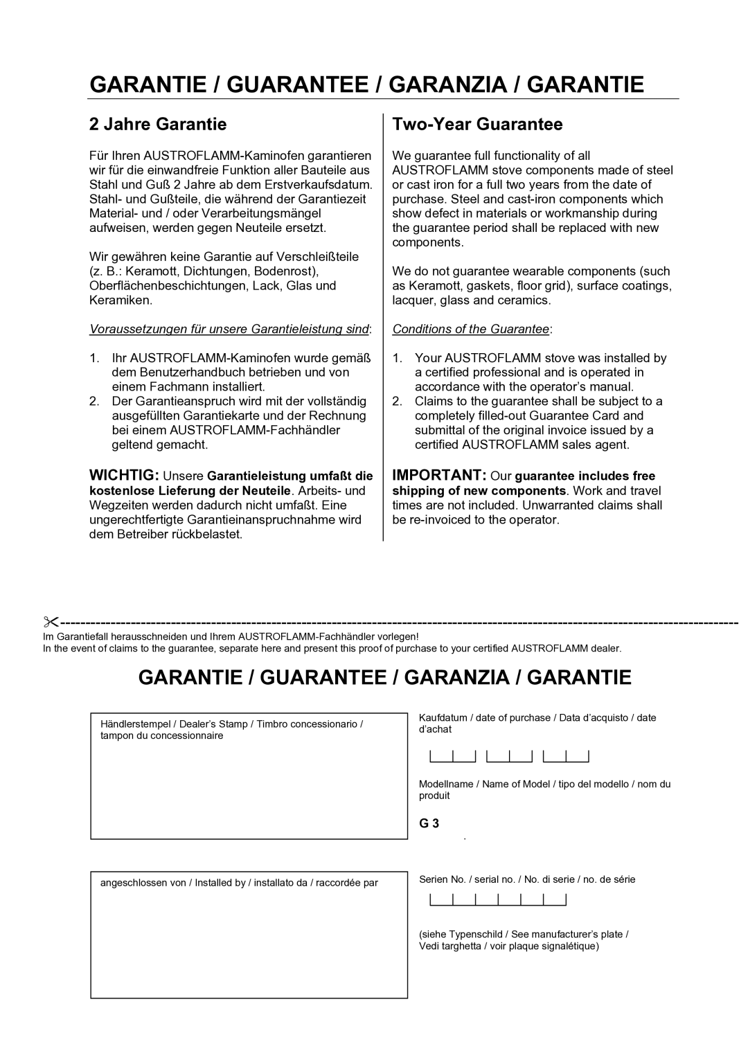 Austro Flamm G3 manual Garantie / Guarantee / Garanzia / Garantie, Jahre Garantie, Two-Year Guarantee 