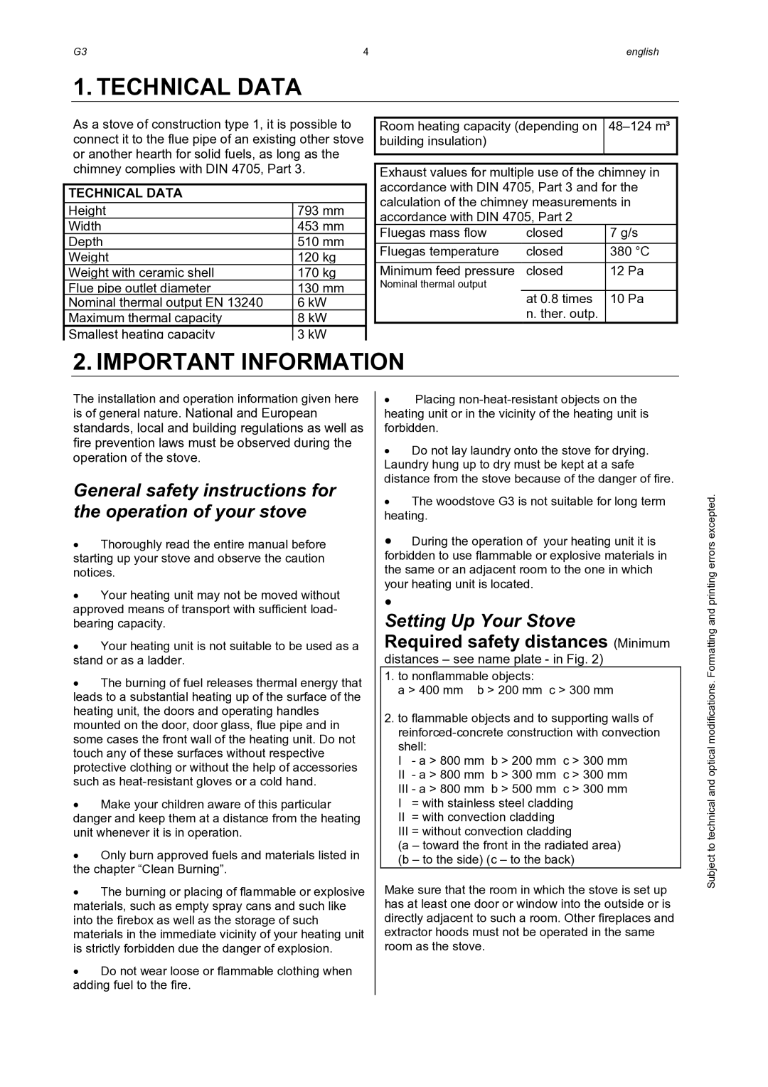 Austro Flamm G3 manual Technical Data, Important Information, Setting Up Your Stove, Required safety distances Minimum 