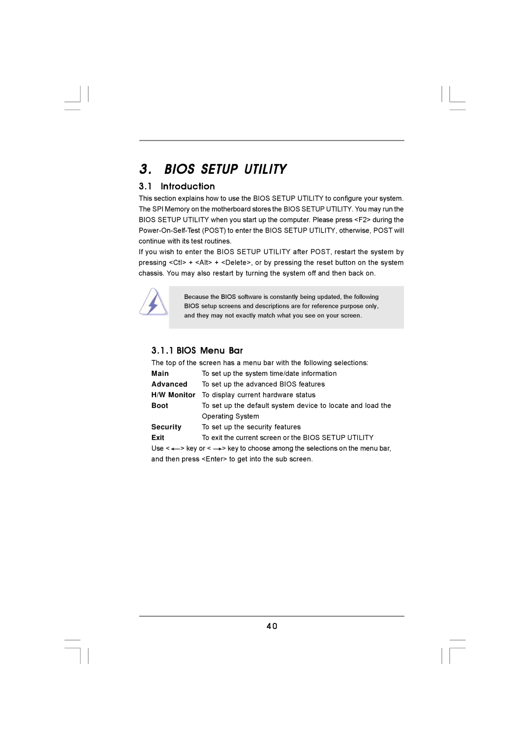 Auto Page A780 user manual Introduction, Bios Menu Bar 