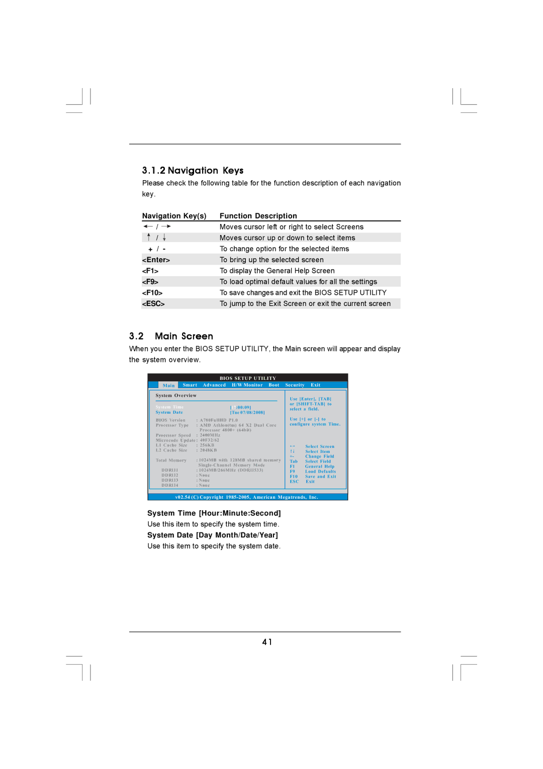 Auto Page A780 user manual Navigation Keys, Main Screen, To jump to the Exit Screen or exit the current screen 